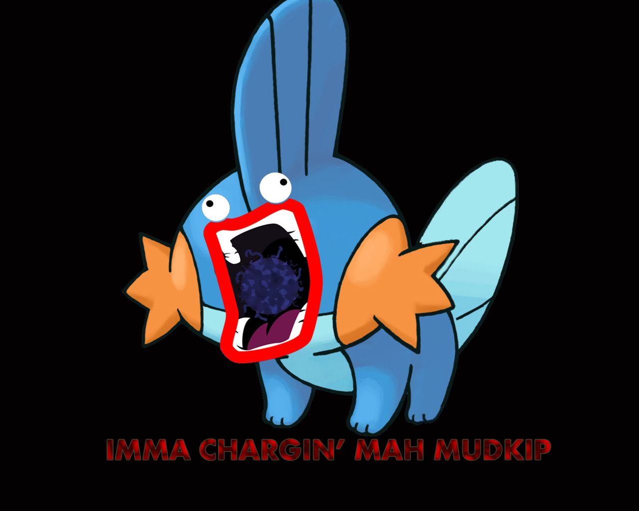 A cartoon Mudkip with a ball of blue energy in its mouth, with the caption 