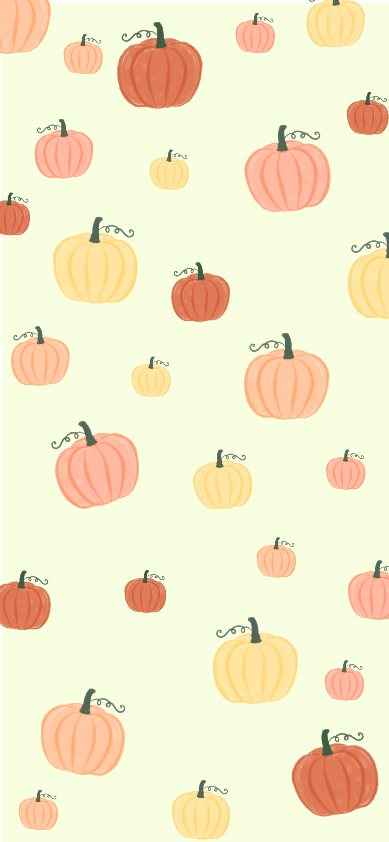 A green background with many pumpkins of different sizes and colors. - Cute fall, pumpkin