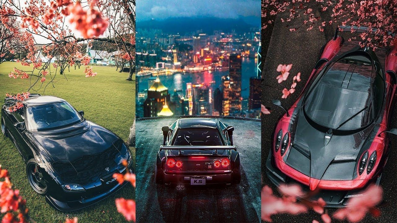Three different photos of sports cars with a cityscape in the background - JDM, cars