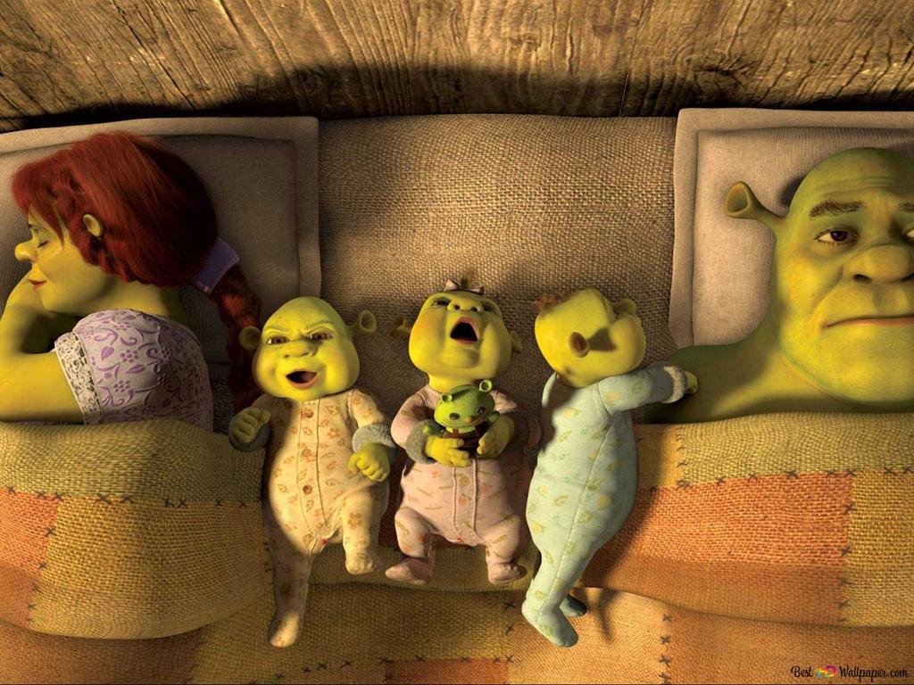 Shrek and princess fiona from the animated movie Shirek sleep with their children 2K wallpaper download