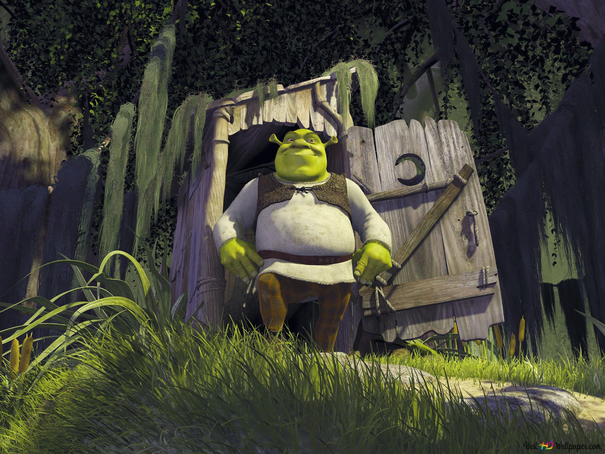 Shrek in front of the door in the old swamp house in the forest 2K wallpaper download