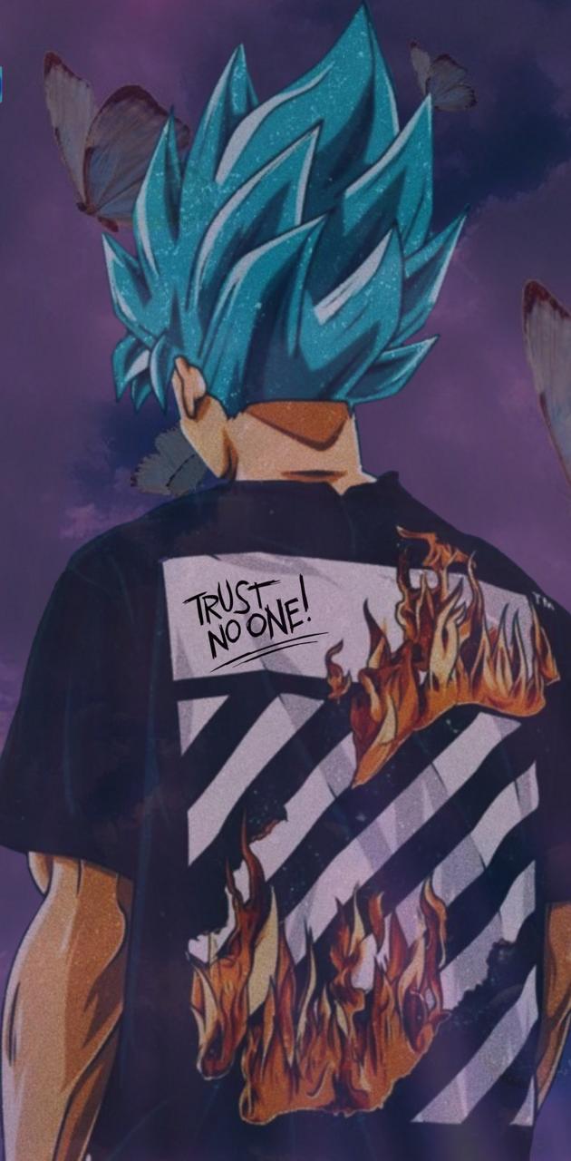 A boy with blue hair and flames on his back - Goku