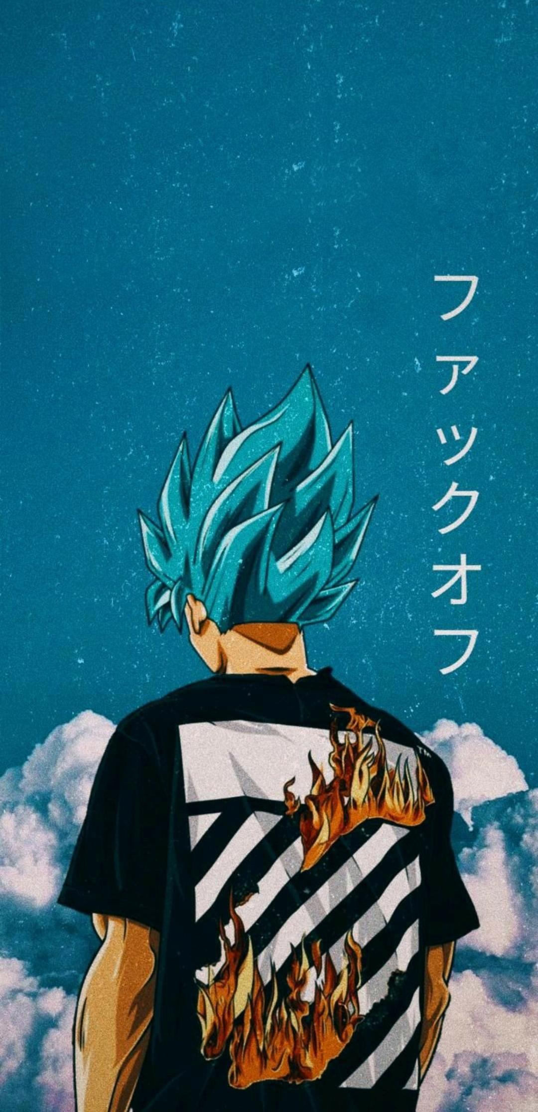 A boy with blue hair and flames on his back - Goku