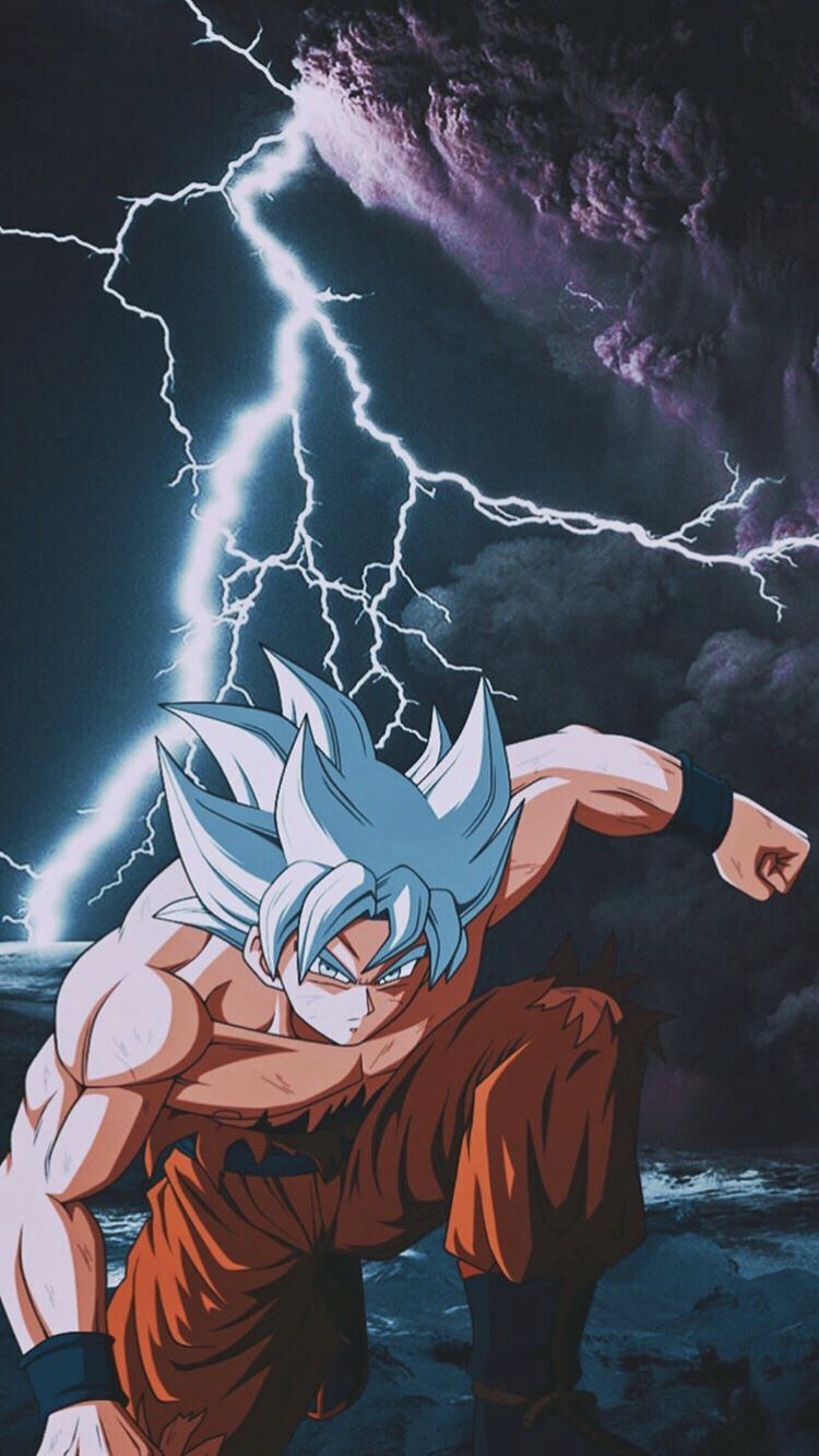 A character from the anime is standing in front of lightning - Goku