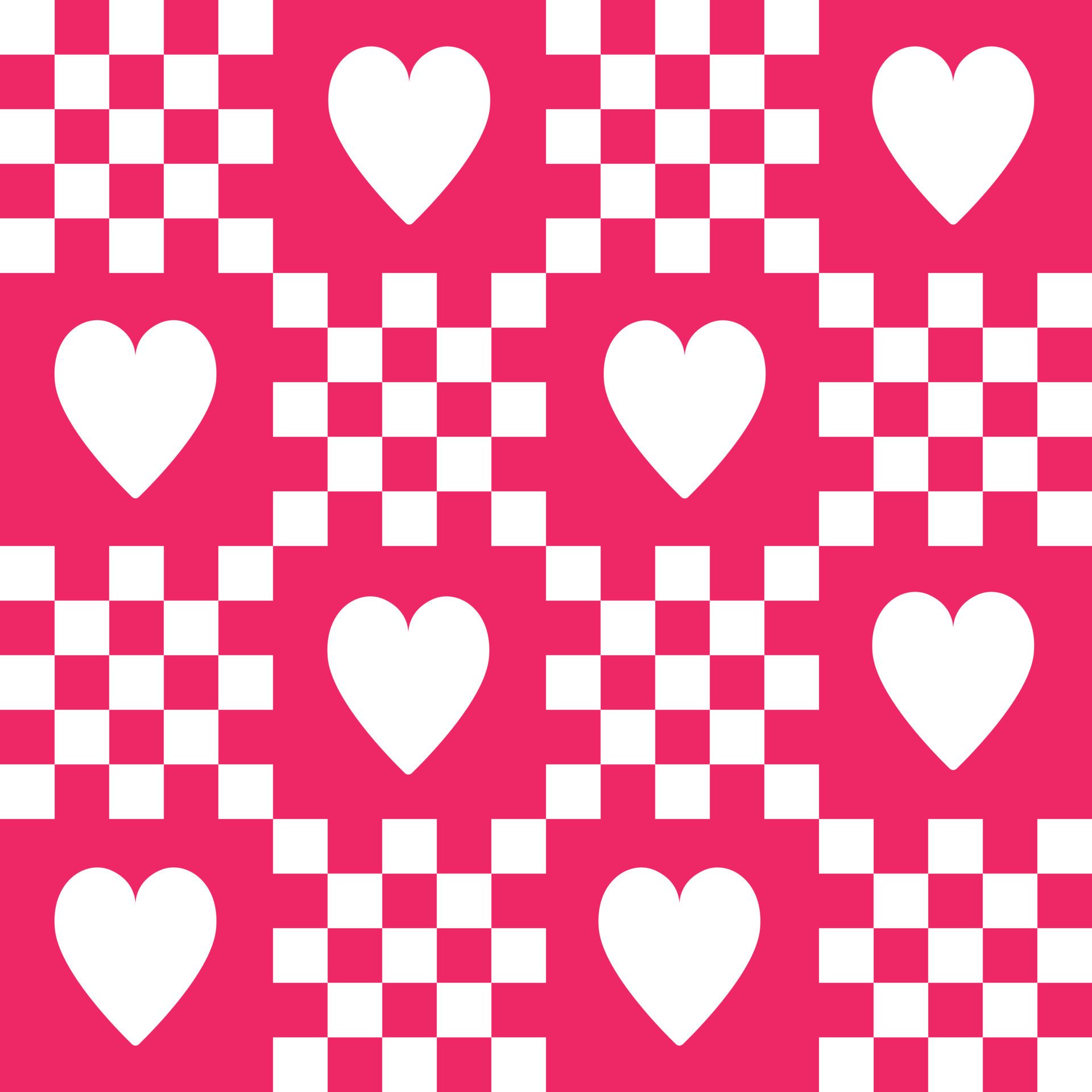 A pink and white checkered background with white hearts - Black heart