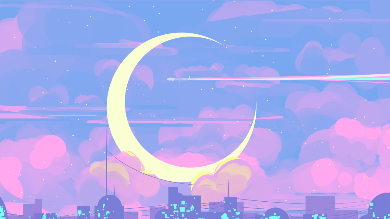 A cityscape with a large crescent moon in the sky - Sailor Moon