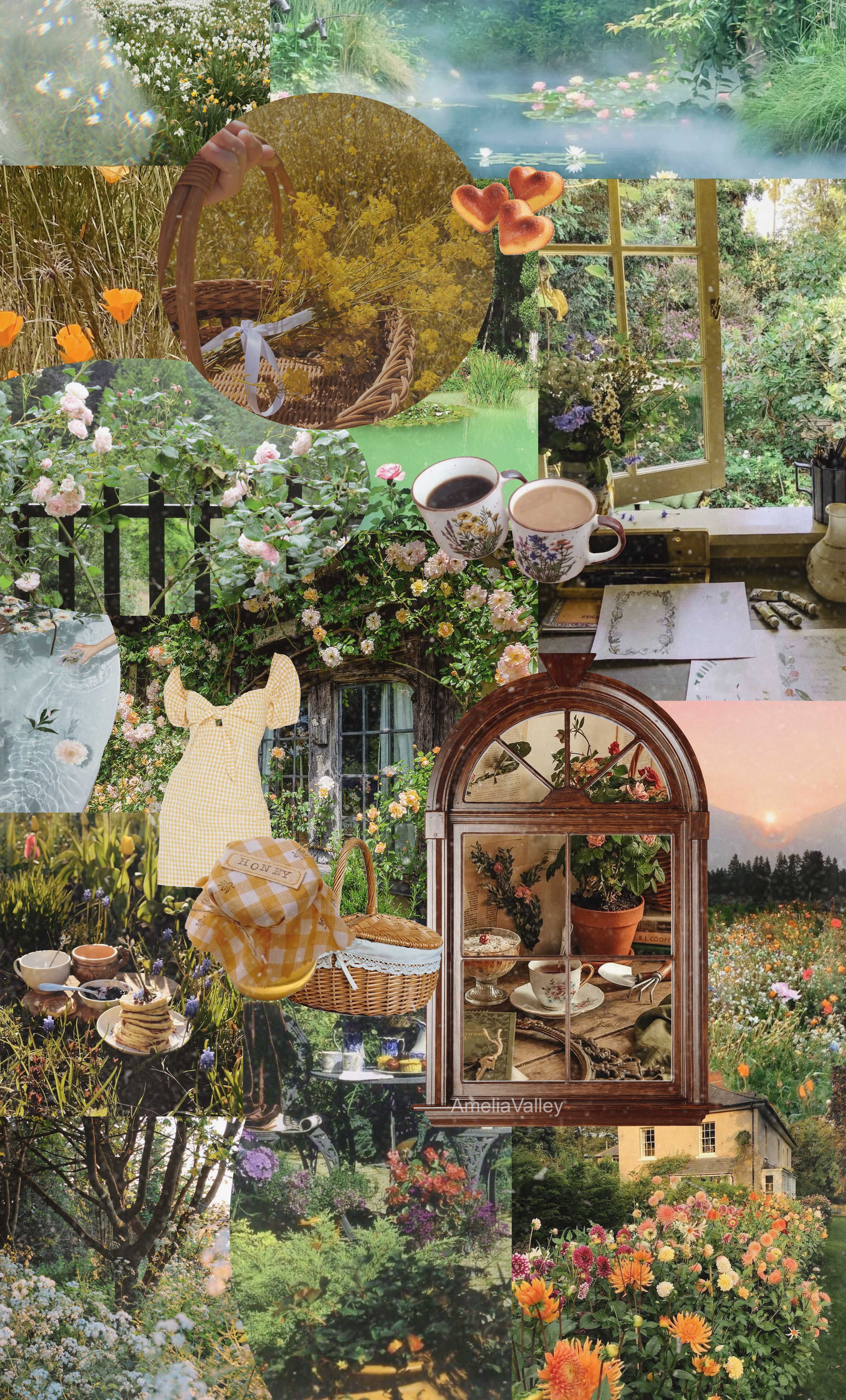 A collage of images of nature, tea, and a dress. - Cottagecore