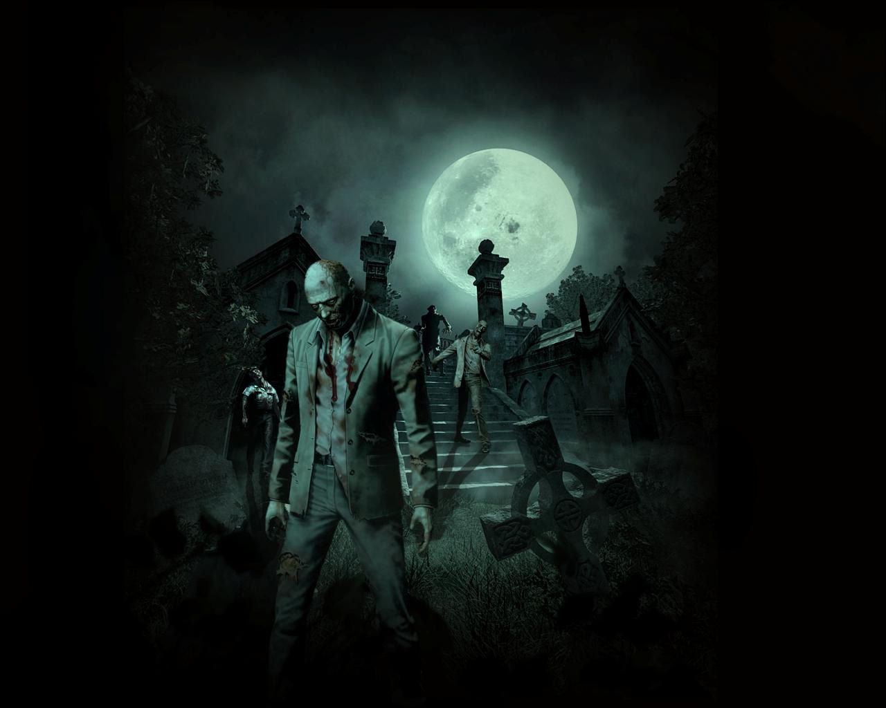 Zombies rising from a grave in a spooky graveyard at night - Horror