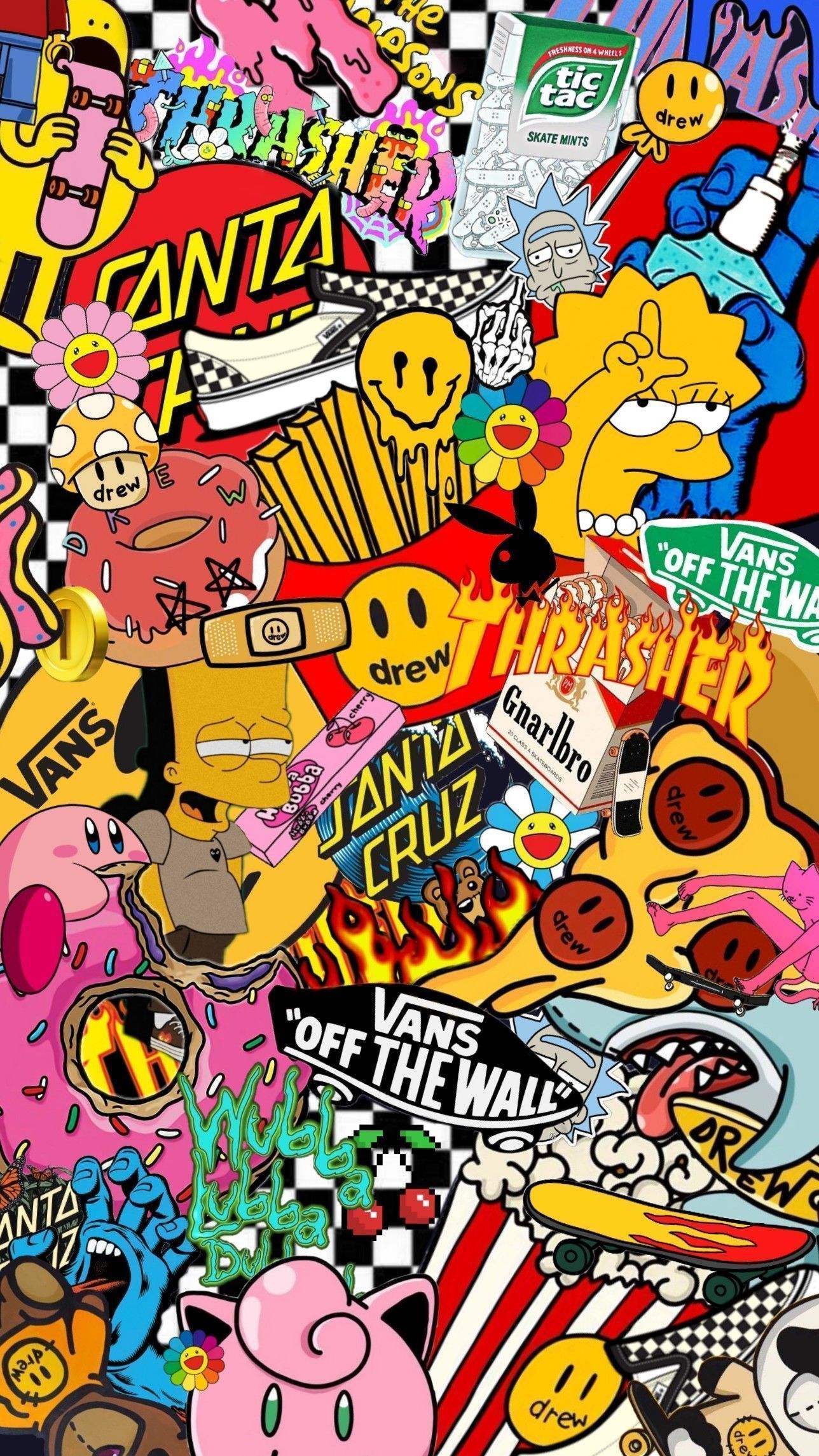 A colorful sticker poster with various stickers such as vans, off the wall, and santa cruz. - Vans, skate, Pokemon, skater, The Simpsons, collage, graffiti