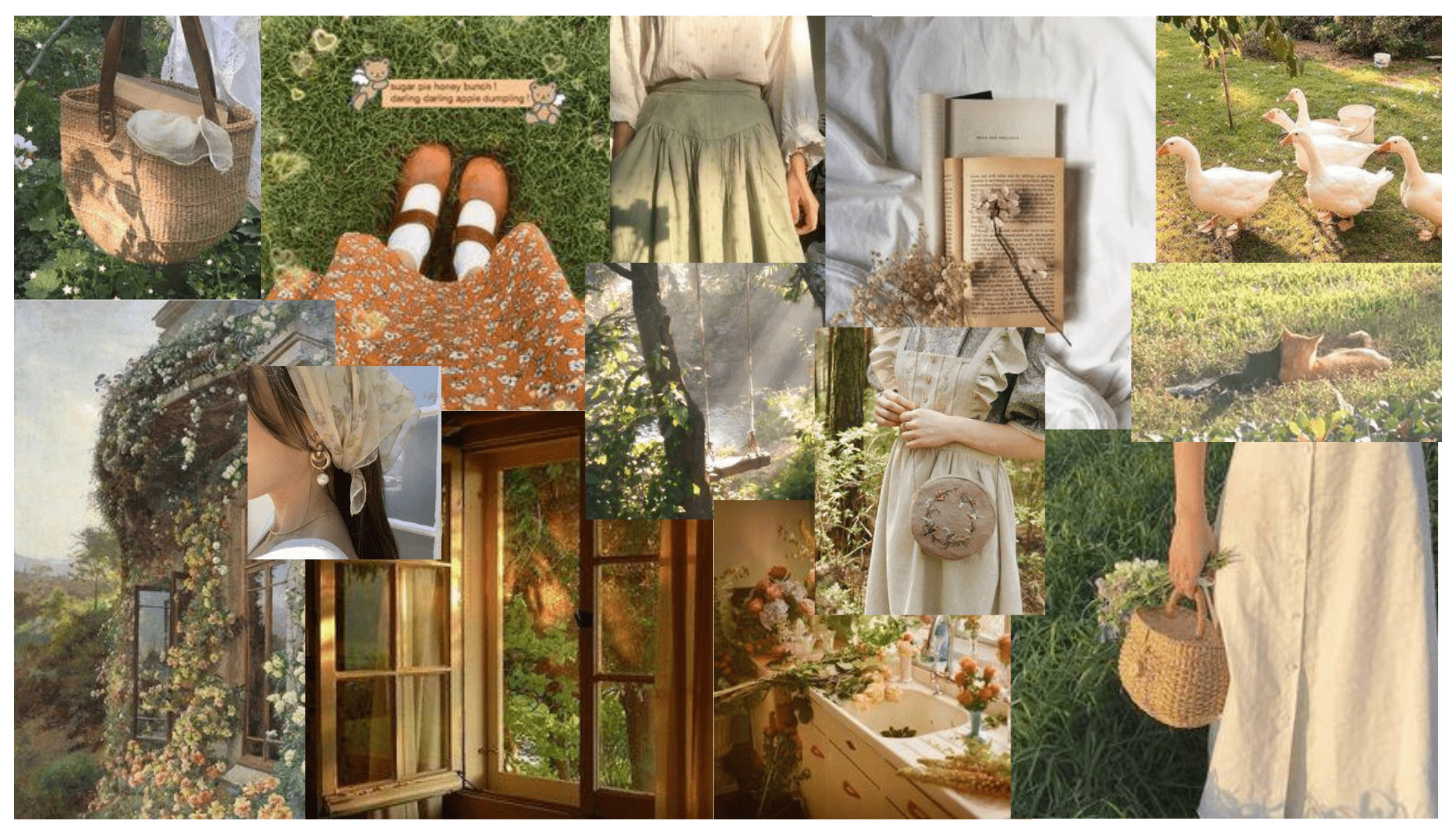 A collage of pictures including vintage dresses, a basket bag, and a garden. - Cottagecore, Goblincore