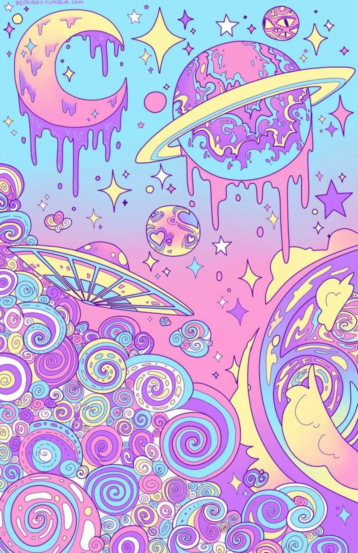 A psychedelic background with planets and stars - Planet, pastel rainbow, alien, trippy, space