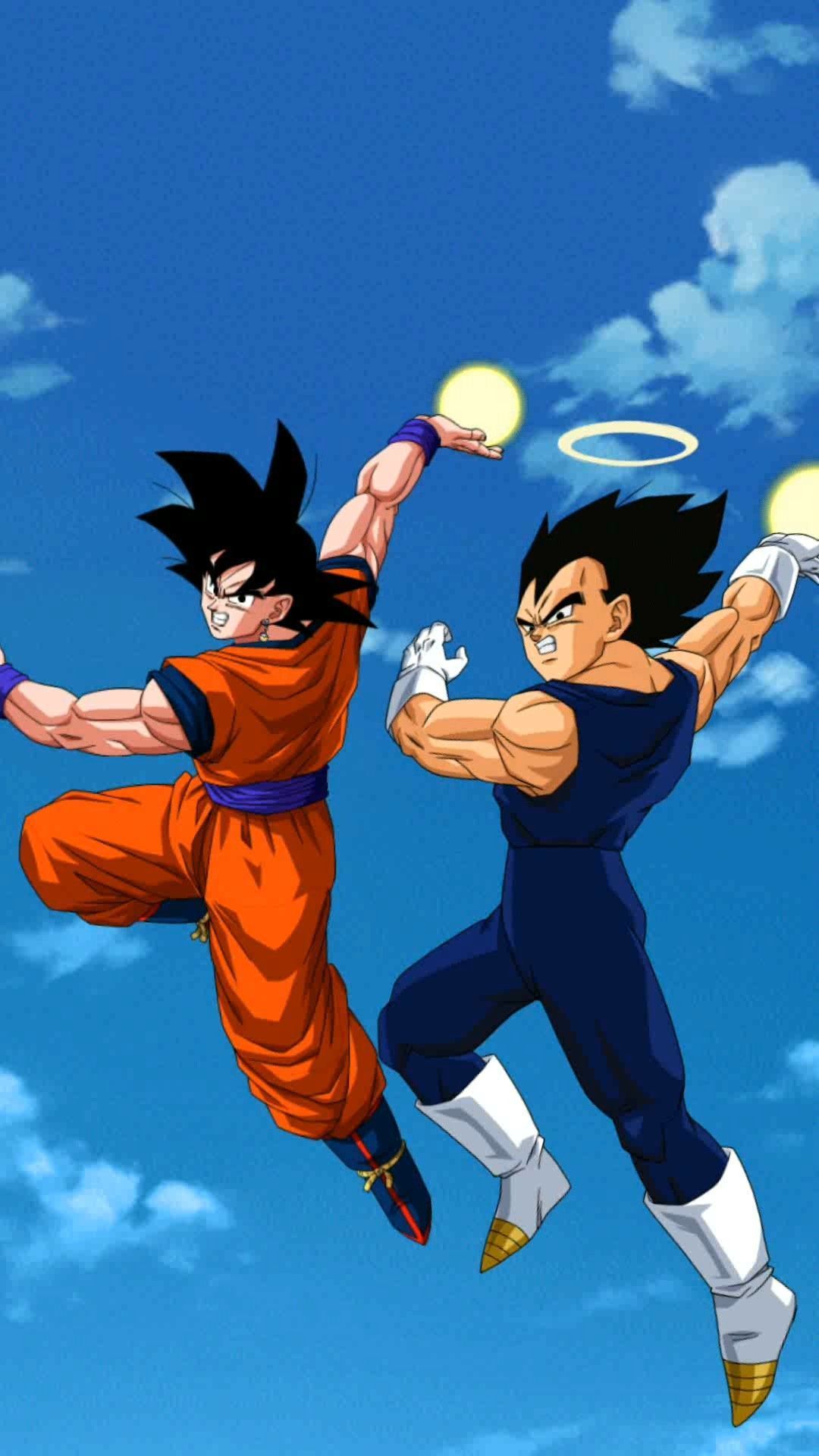 Two anime characters are flying in the air - Goku