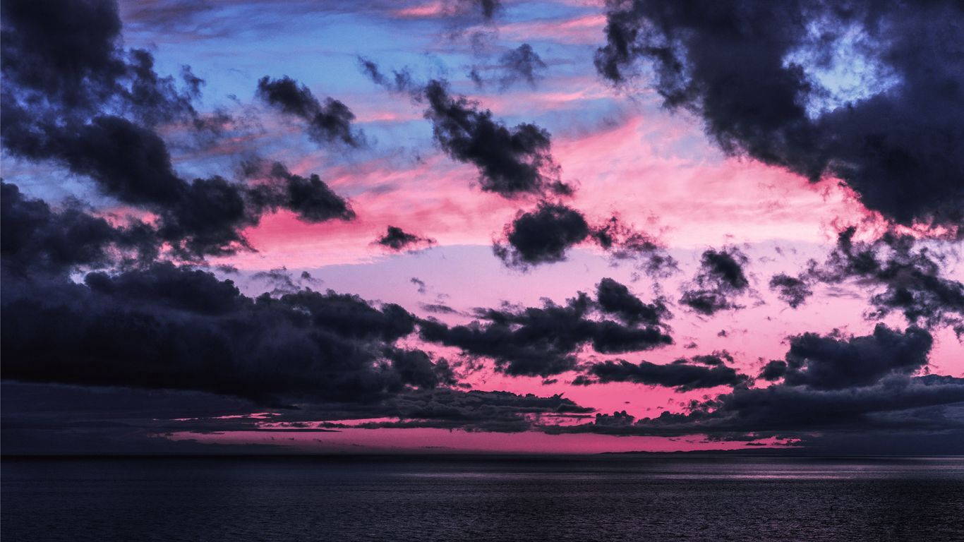 Download wallpaper 1366x768 clouds, sky, sea, horizon, dark, twilight tablet, laptop HD background