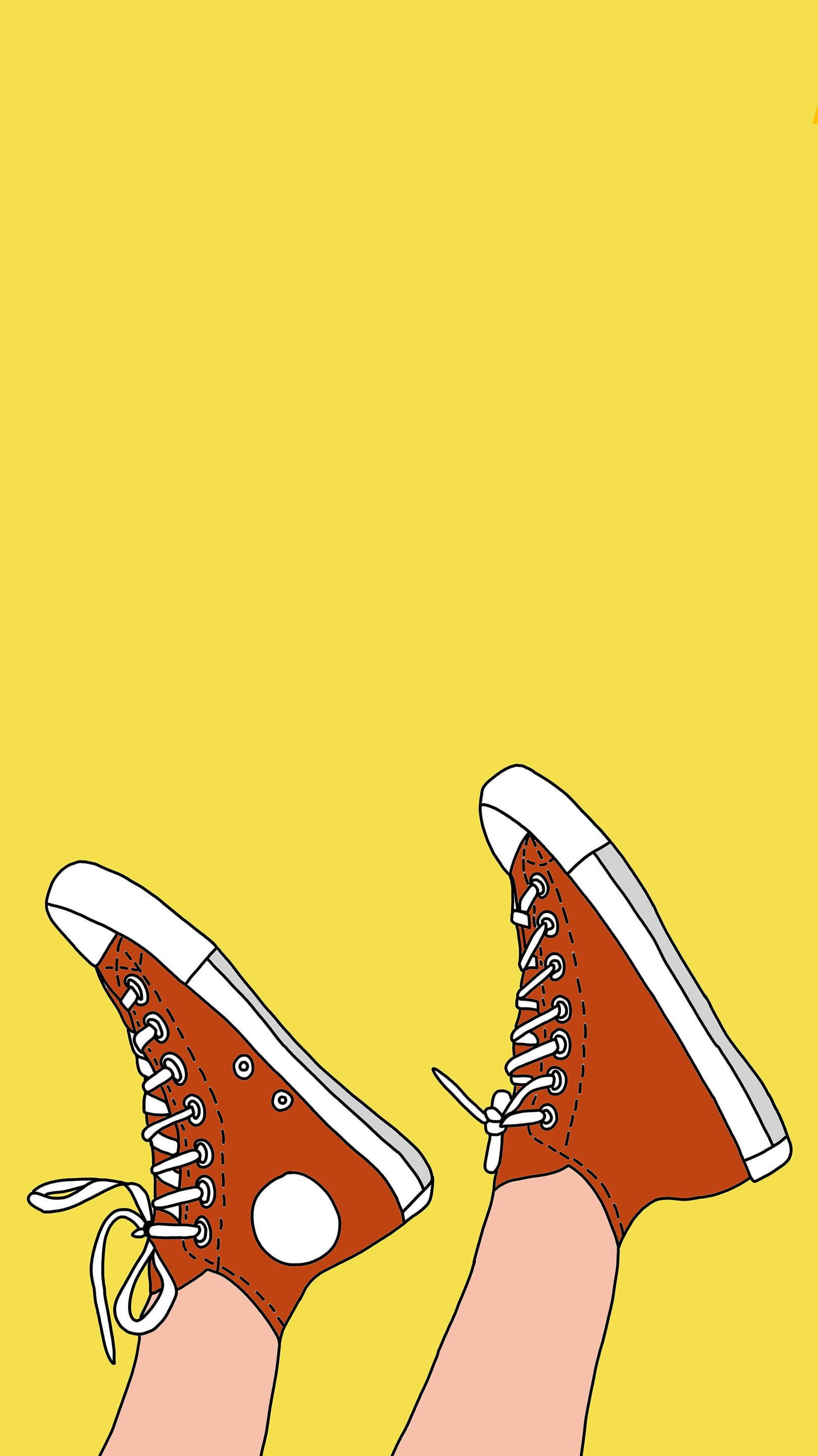 An illustration of a person's legs wearing red converse sneakers on a yellow background - Retro