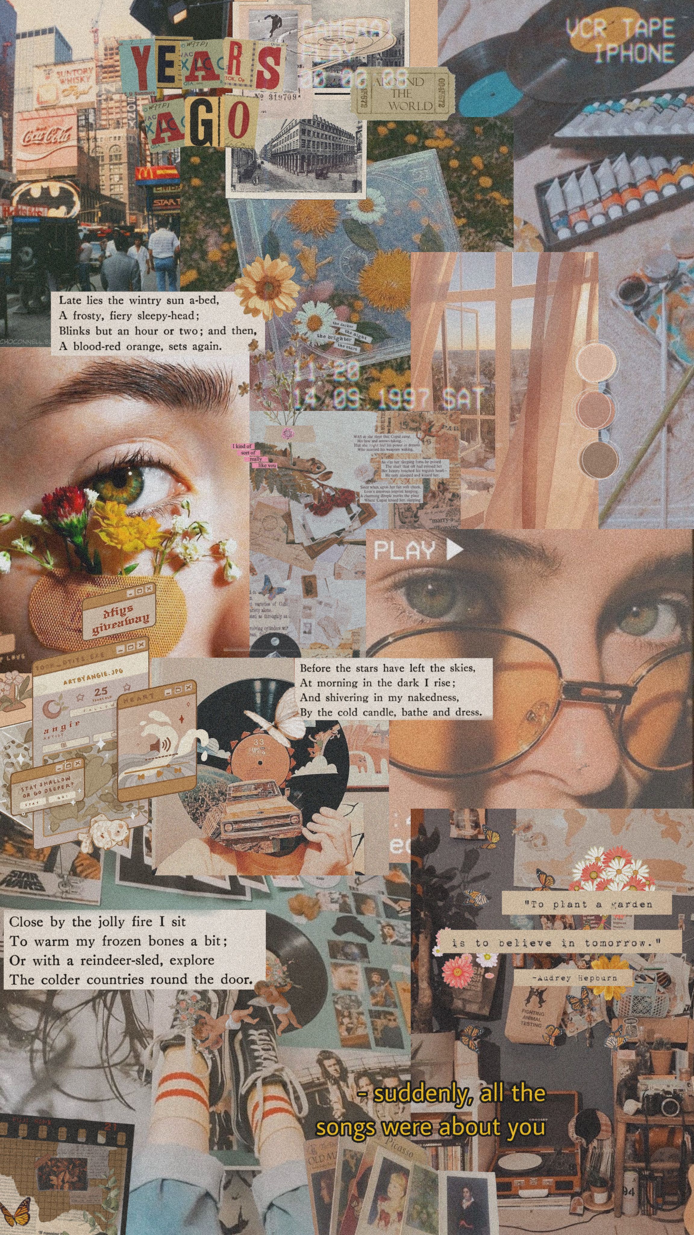 Aesthetic collage background with old photos, books, and a girl with glasses - Retro