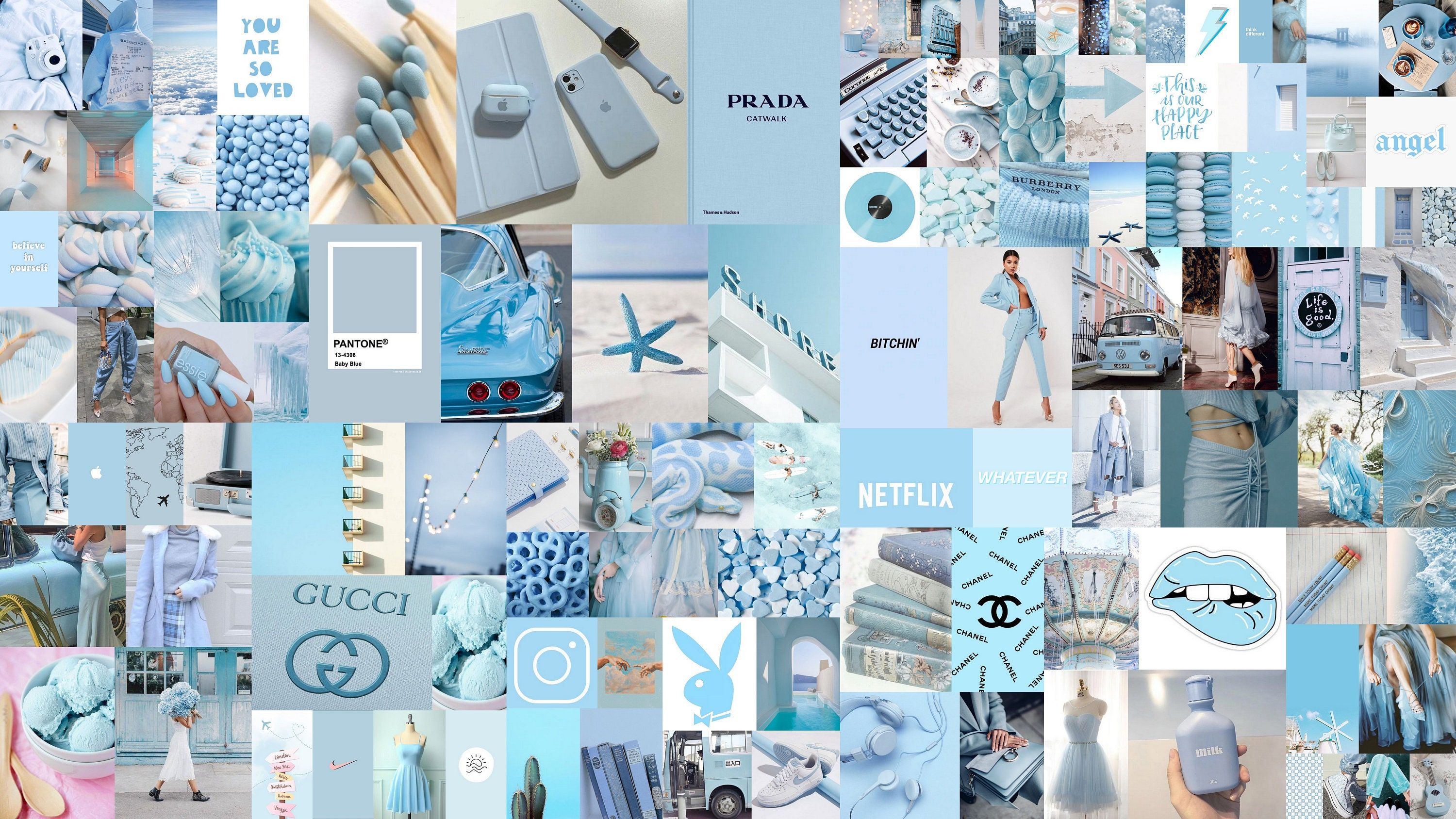 A collage of photos in shades of blue and white. - Pastel blue