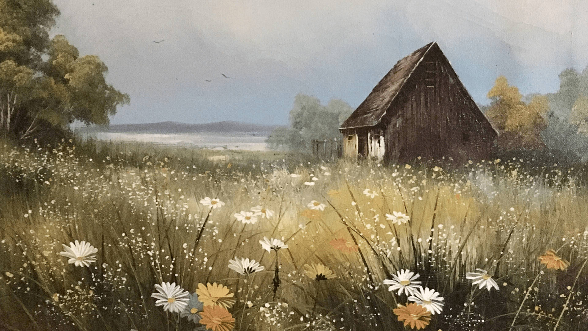 A painting of a barn in a field of flowers - Cottagecore, farm