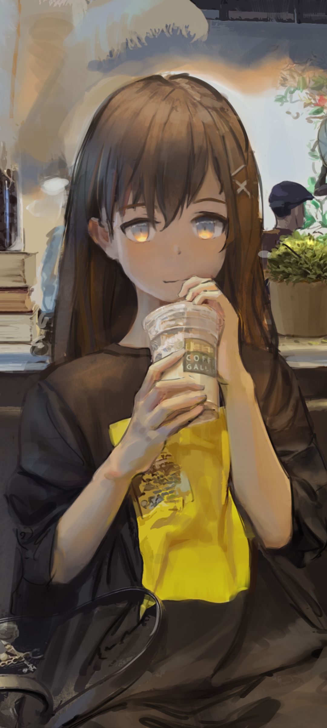 Aesthetic anime girl with brown hair and yellow shirt holding a drink. - Anime girl
