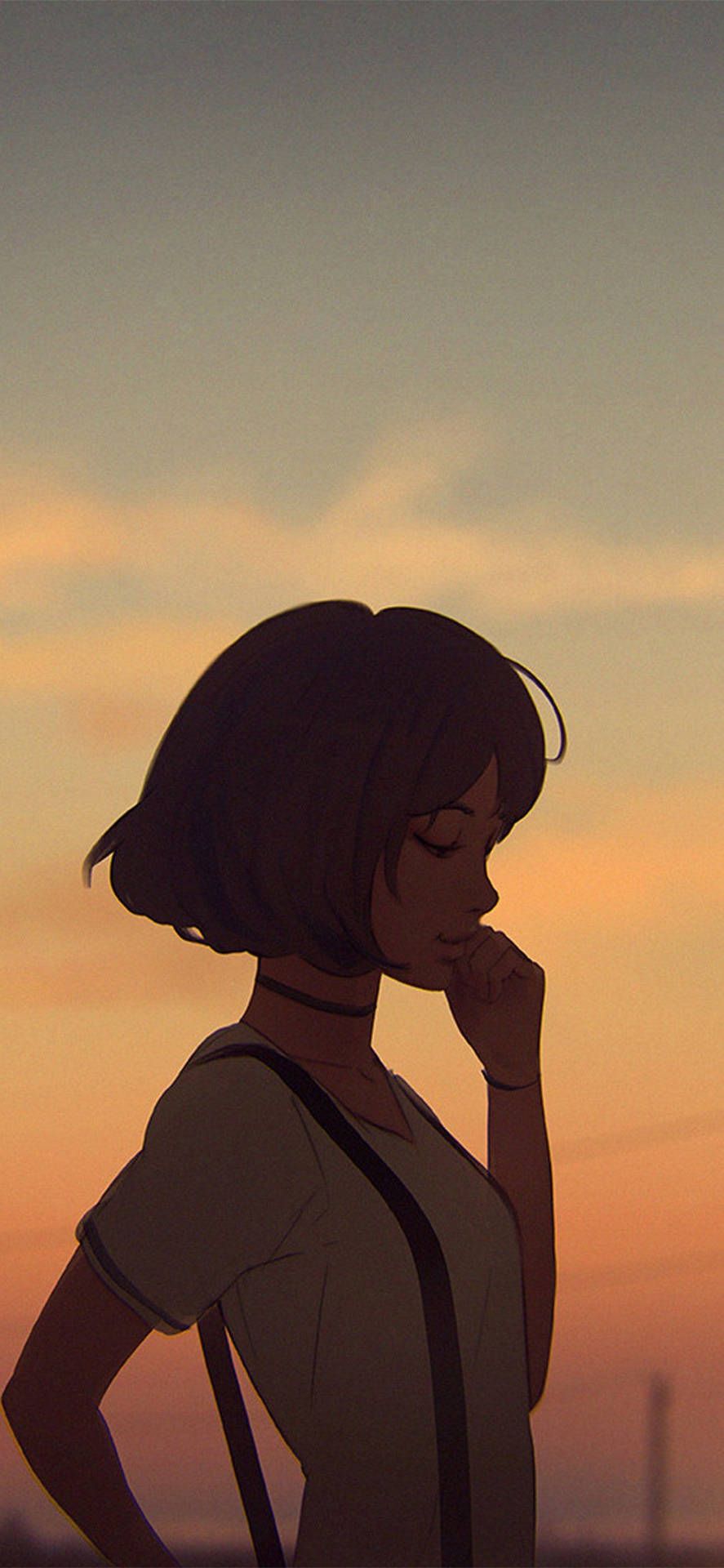 A woman in a hat stands in front of a sunset. - Anime girl