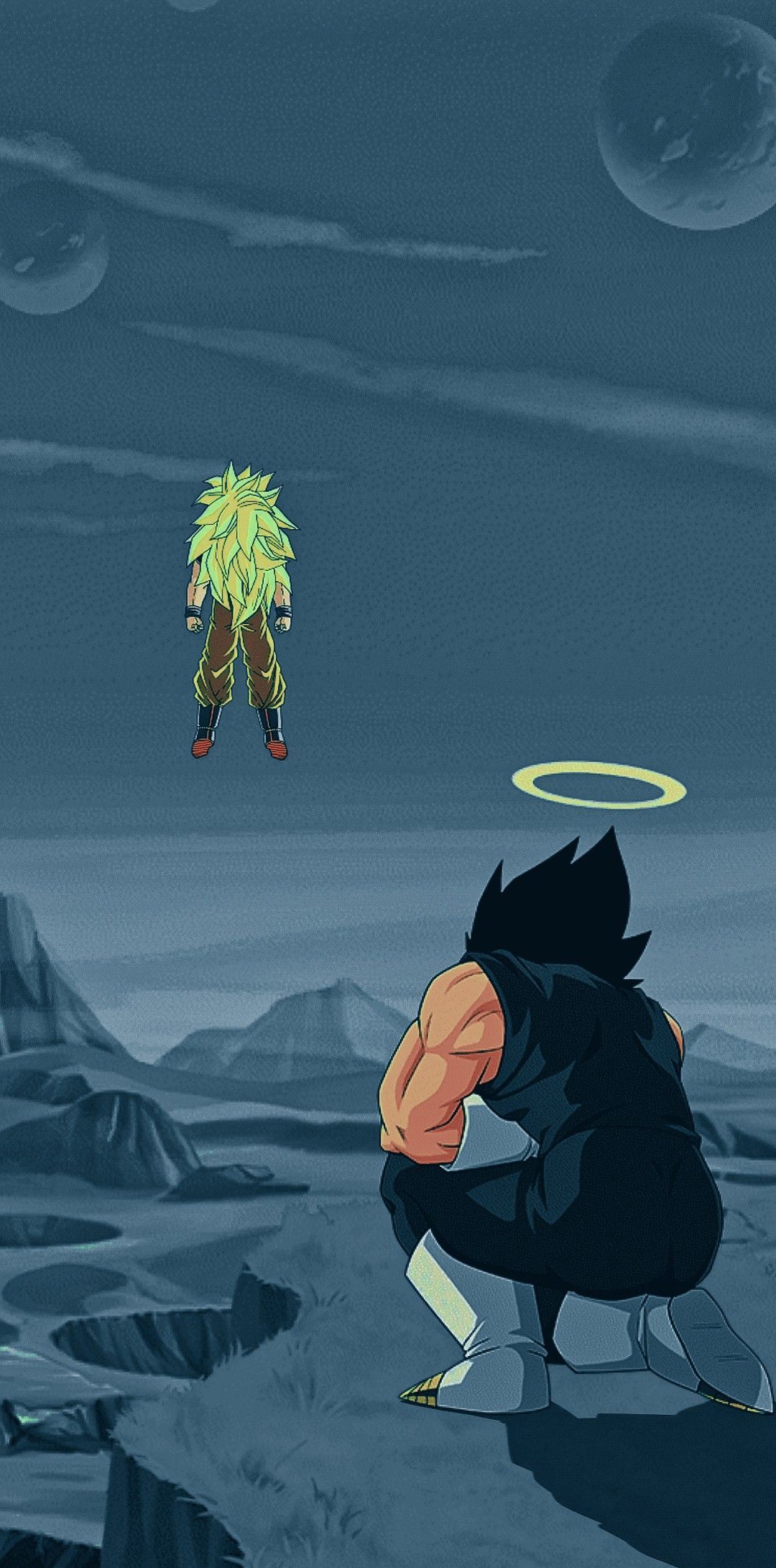 Vegeta, with a halo, looks at Broly - Goku