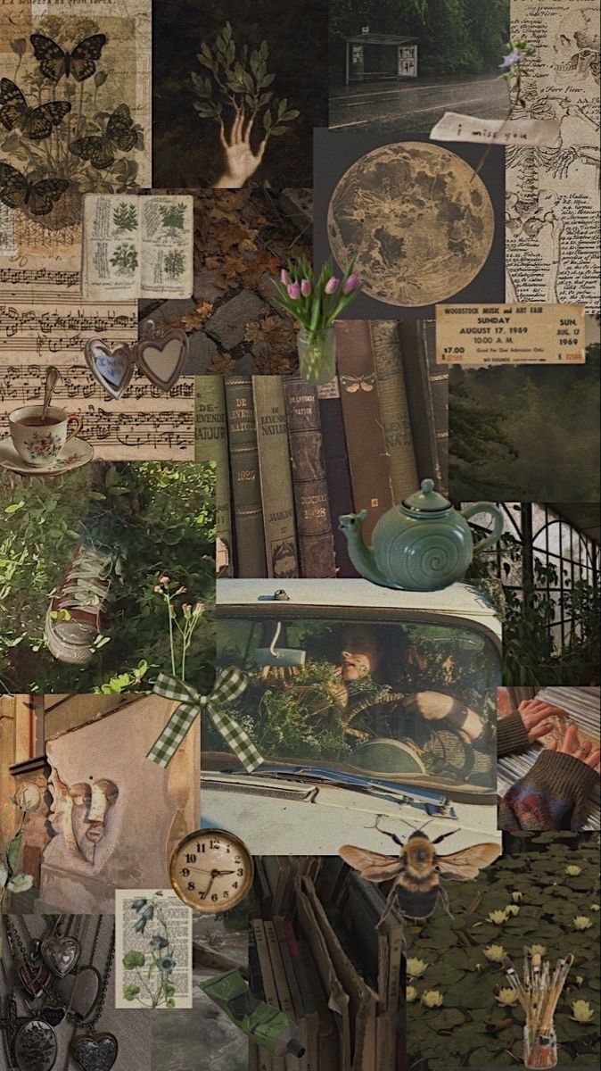 Aesthetic collage of books, flowers, and a clock. - Cottagecore