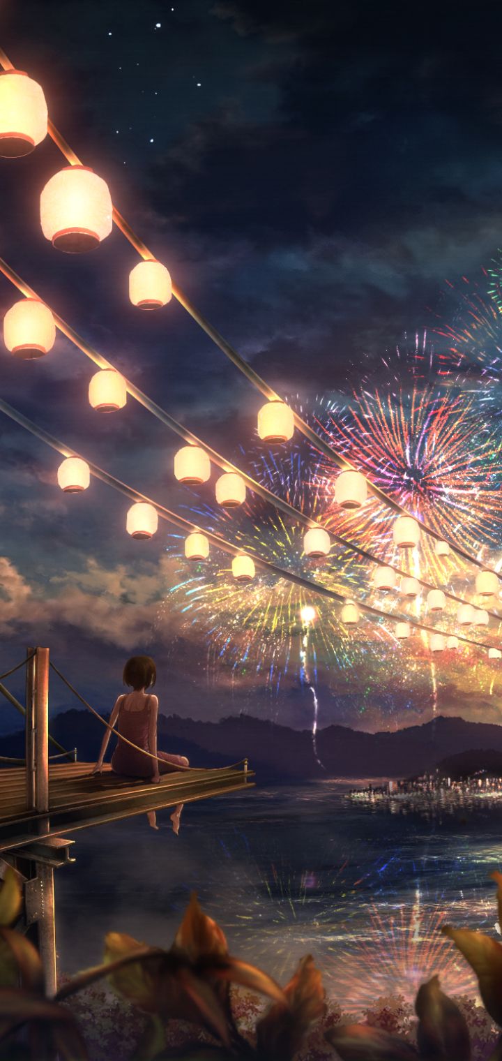 Mobile wallpaper: Anime, Sunset, Lake, Reflection, Lantern, Colorful, Fireworks, Festival, 1363635 download the picture for free