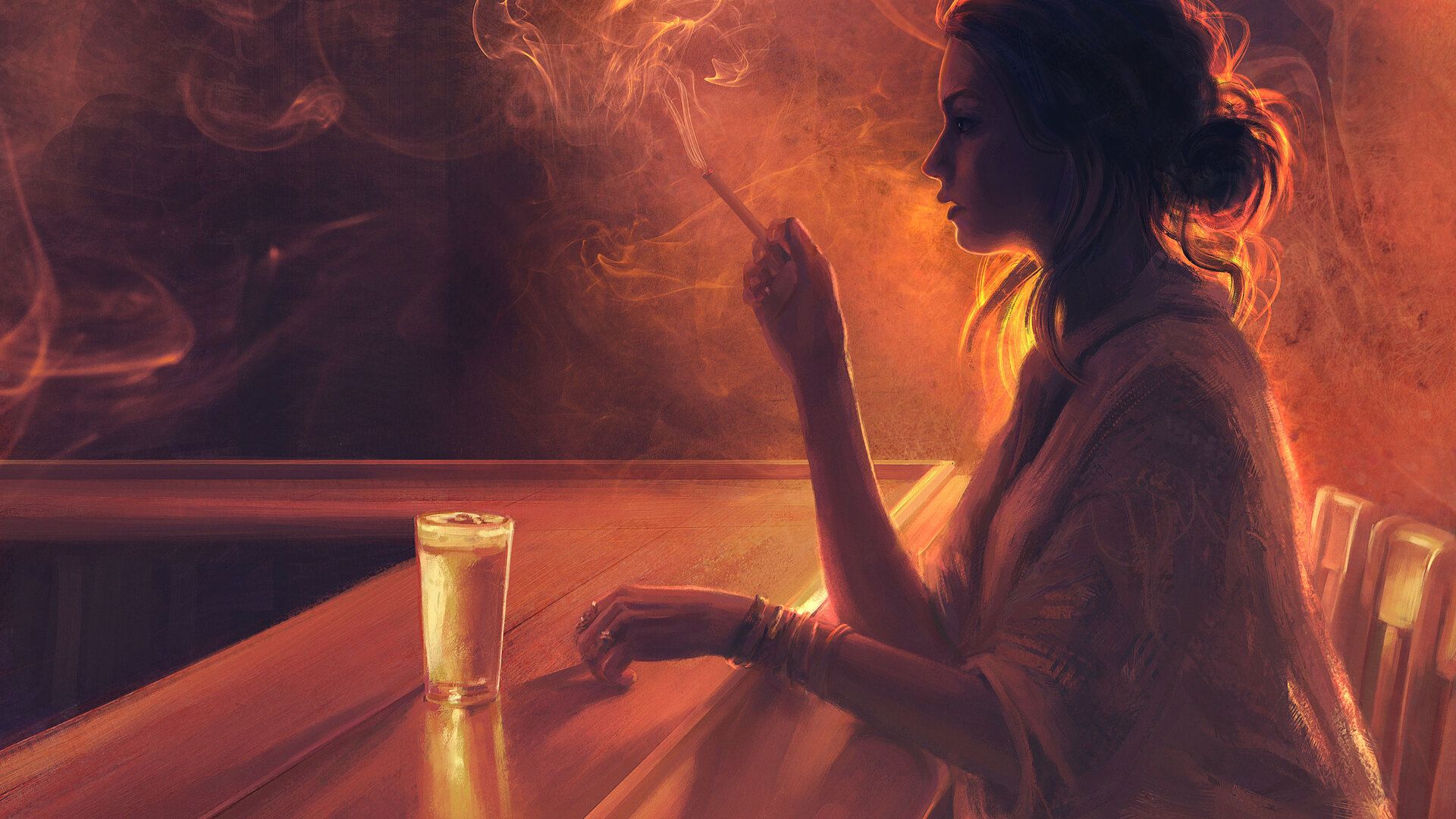 Smoking girl at the bar, digital art wallpaper - Smoke
