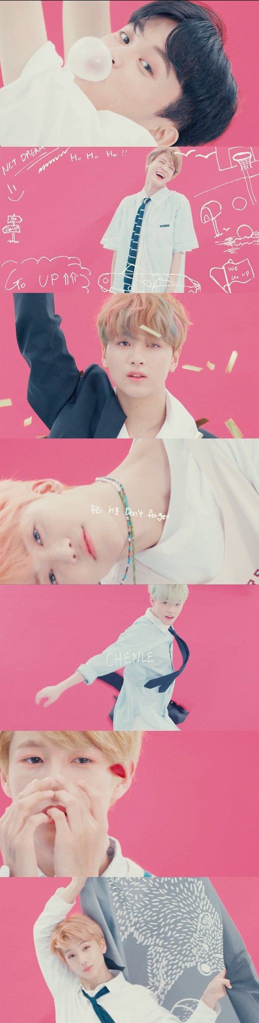 A collage of photos of BTS members with a pink background - NCT