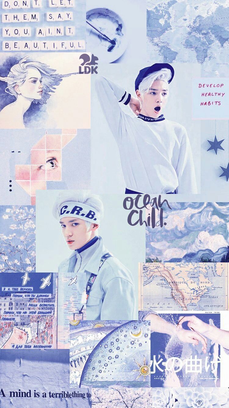 A collage of images of EXO member Lay, with a blue filter - NCT