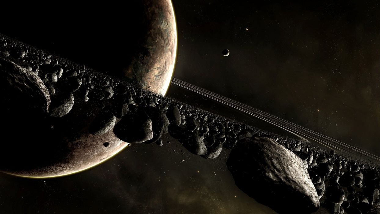 A space scene with a planet and a rocky asteroid belt. - Saturn