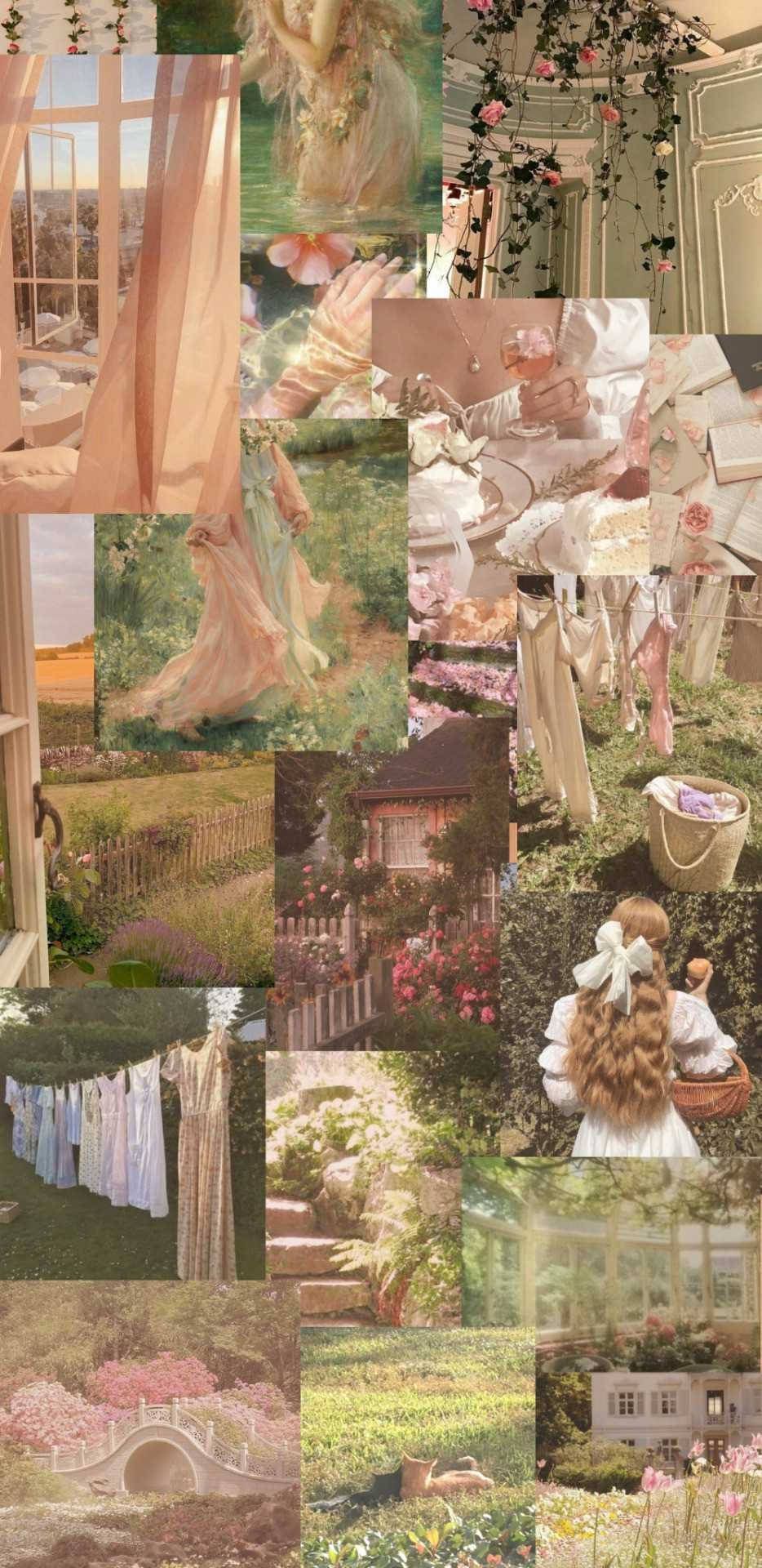 A collage of pictures with pink flowers - Cottagecore