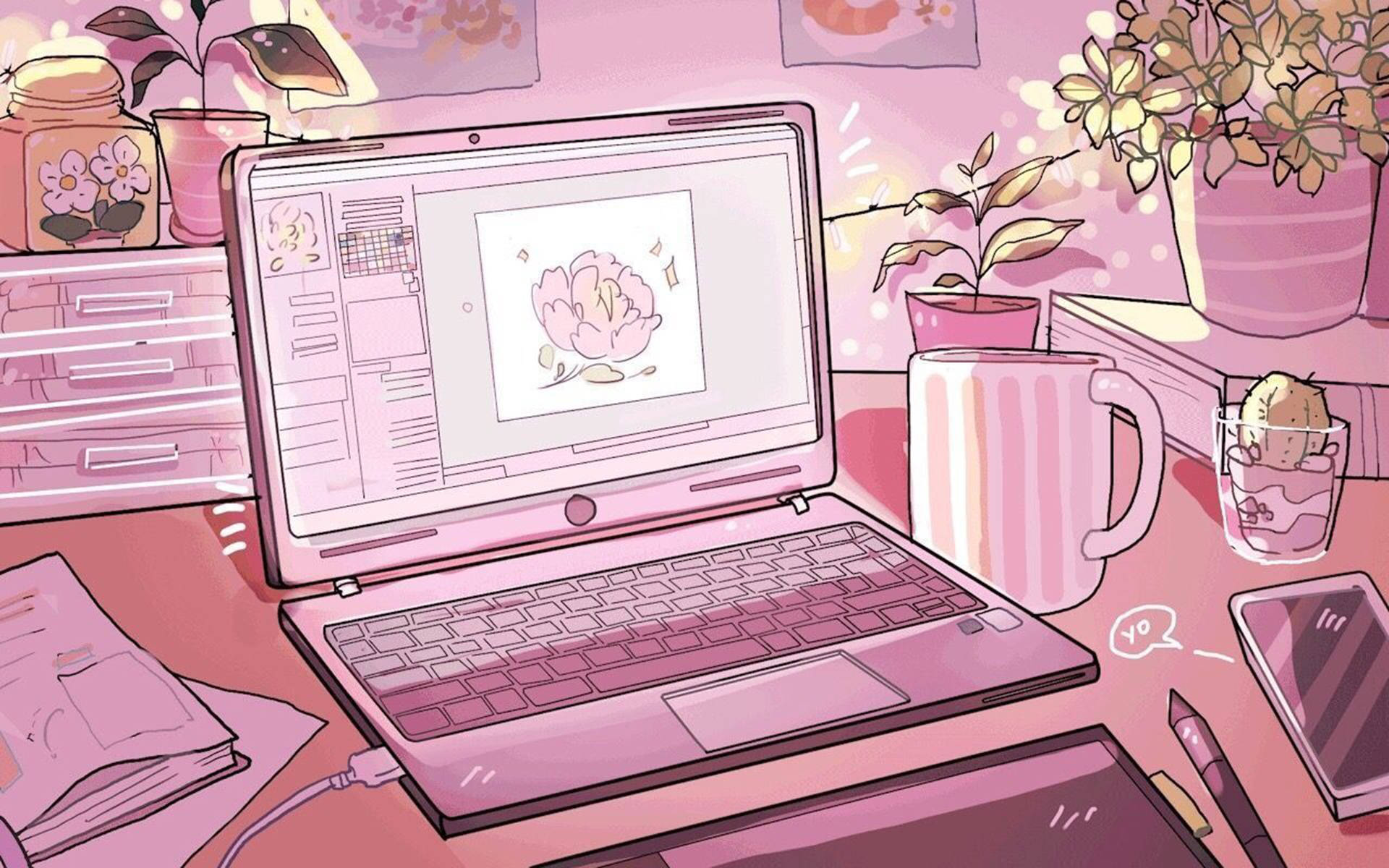 A pink laptop on a desk with a pink mug and a pink flower. - Study