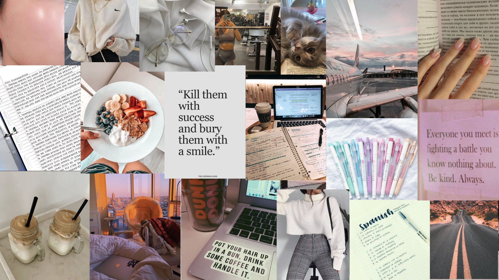 A collage of images including books, a laptop, a cat, a sunset, a bowl of fruit, a notepad and pen, and a book that says 
