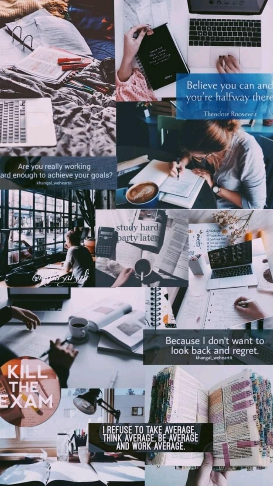 A collage of photos of a girl studying and quotes - Study, school