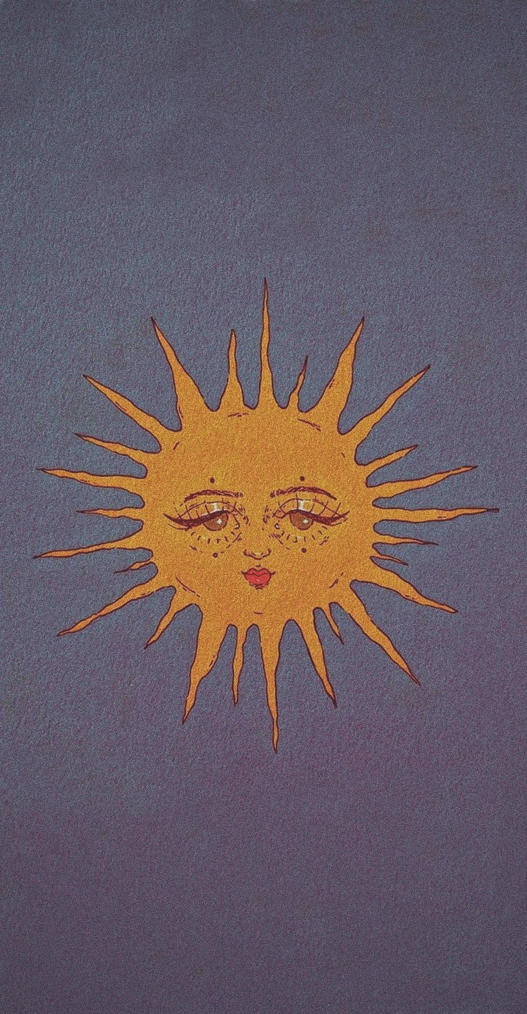 A yellow sun with a face on a purple background - Sun, sunlight