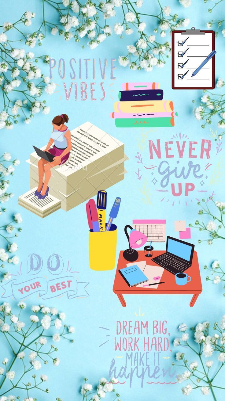 Illustration of a woman sitting on a pile of books with a laptop and other work supplies - Study