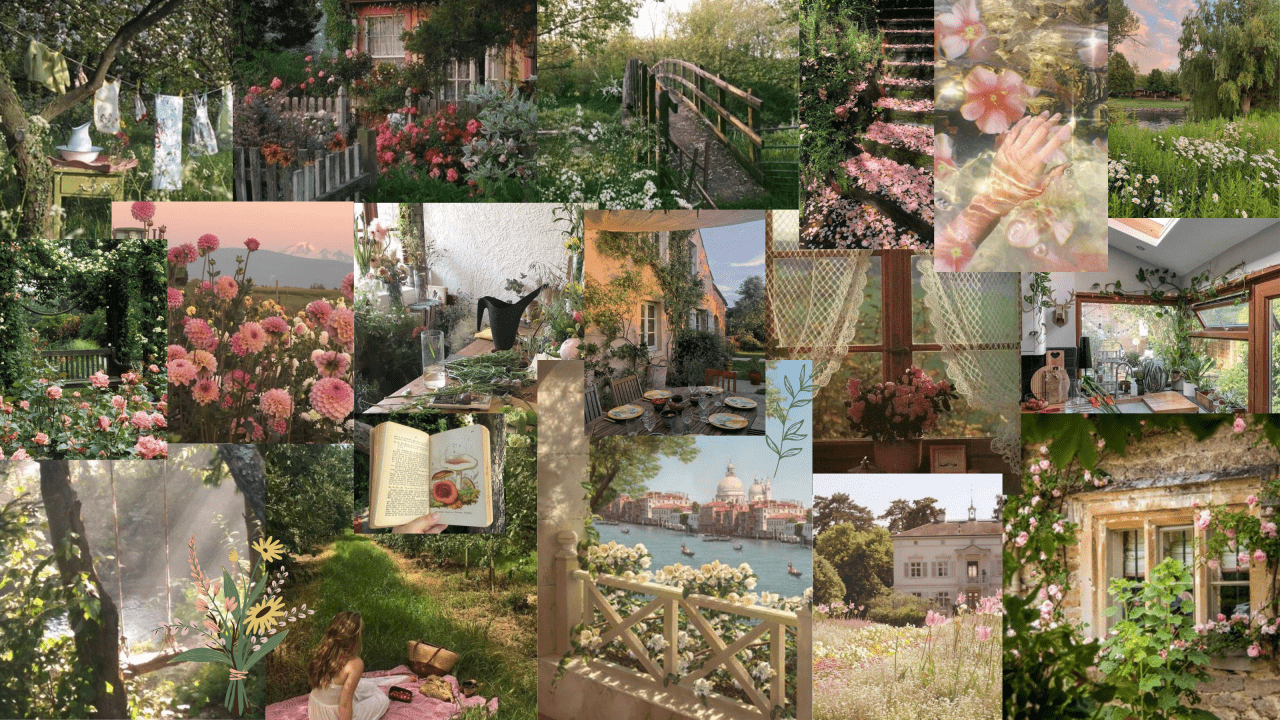 A collage of images of flowers, books, and architecture. - Cottagecore