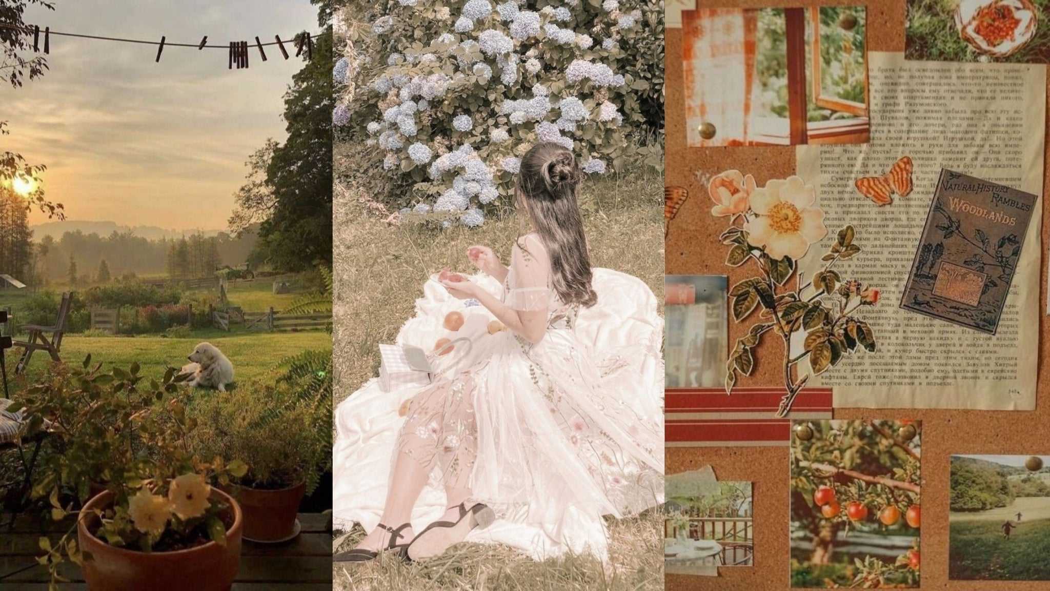 A collage of pictures with flowers and people - Cottagecore