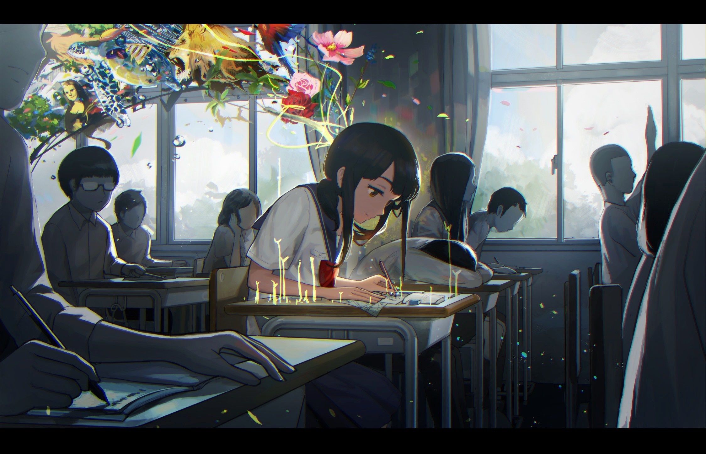 A girl is sitting at her desk with flowers on top of it - Study, school