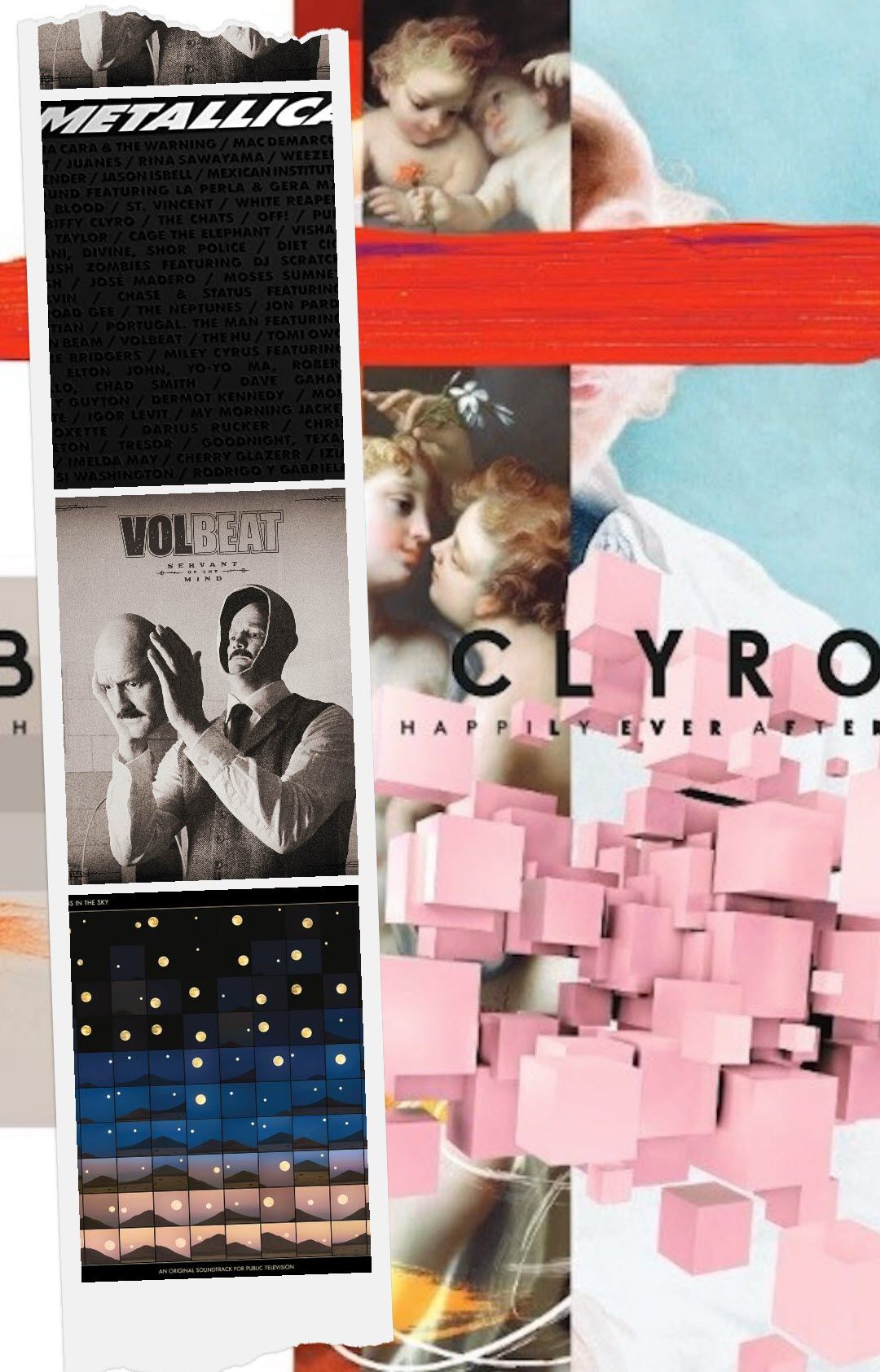 A collage of music album covers including Metallica, Clyro and Volbeat. - Spotify