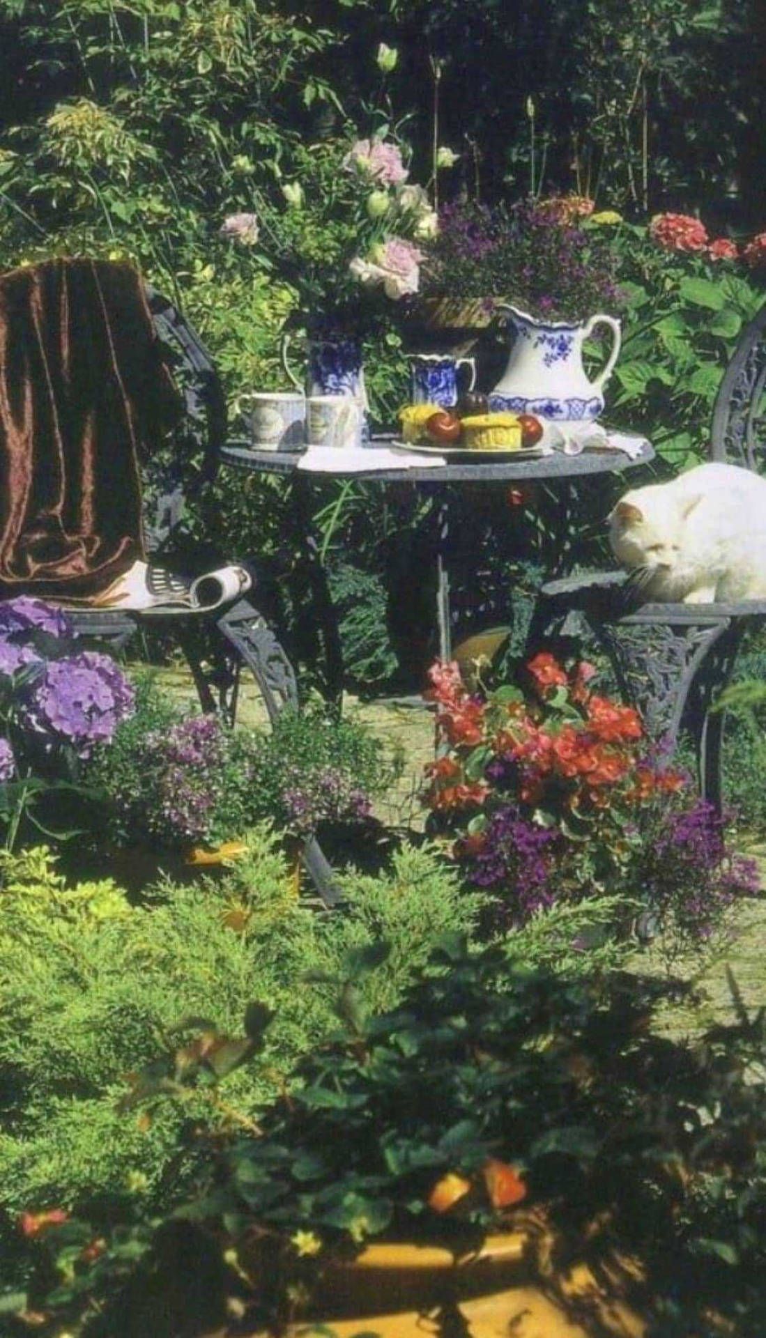 A cat sitting on an outdoor table with flowers - Cottagecore, garden