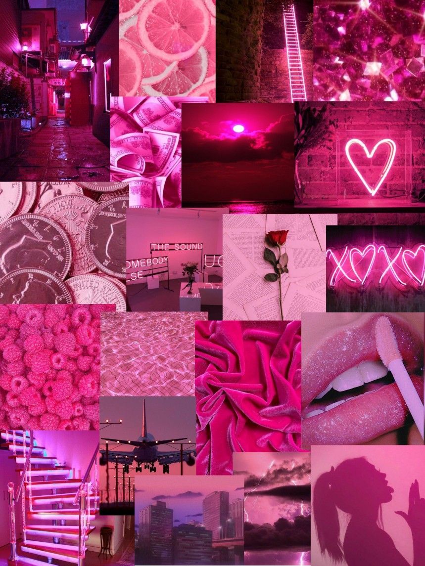 Aesthetic background with pink neon lights, roses, lips, and other pink images. - Baddie