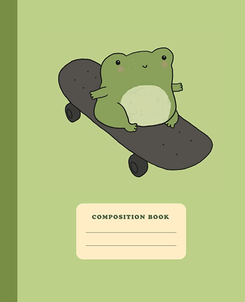 A composition book with an illustration of frog on skateboard - Kawaii