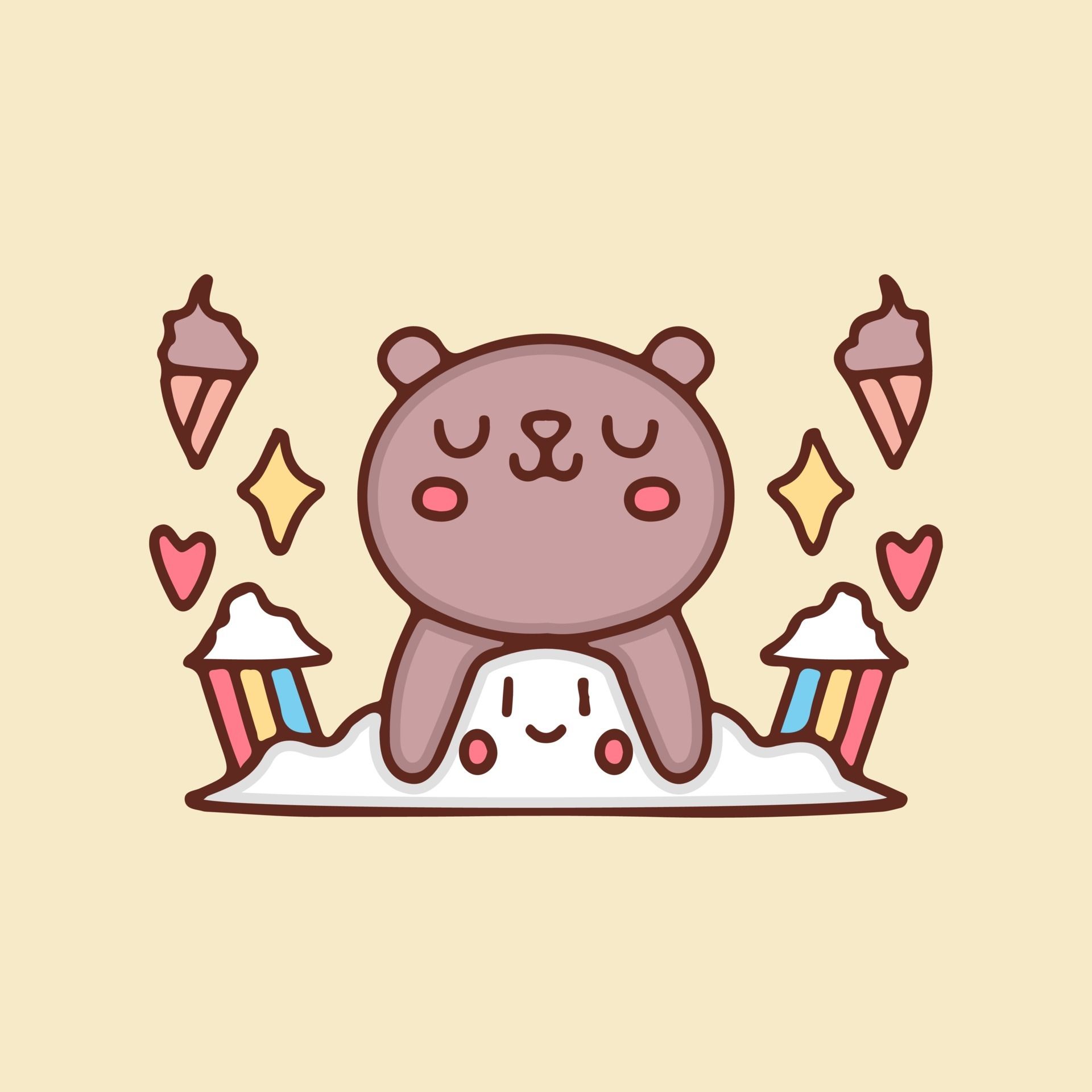 A brown bear sitting on a pile of snow with three ice cream cones and three hearts around it. - Kawaii