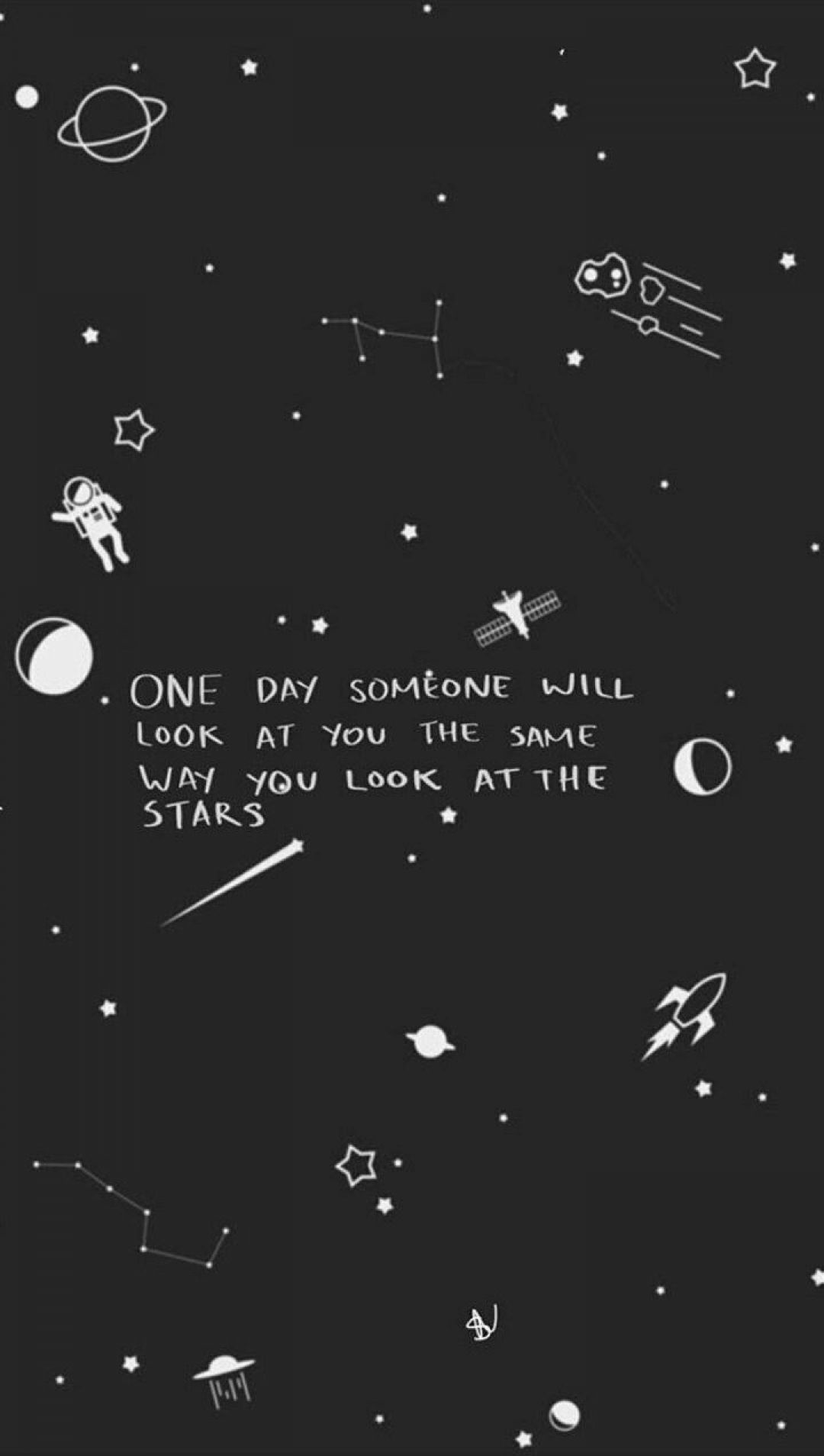 Black aesthetic wallpaper for phone with stars, planets, and an astronaut. - Space