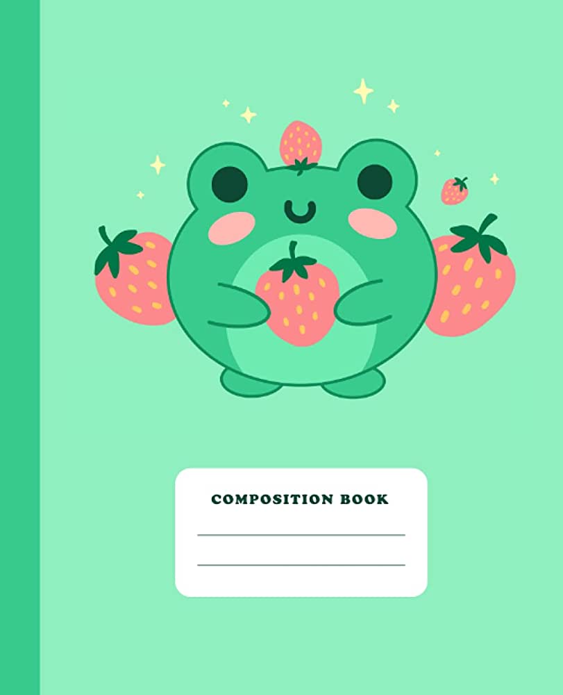 A green frog holding strawberries on the cover of an composition book - Frog
