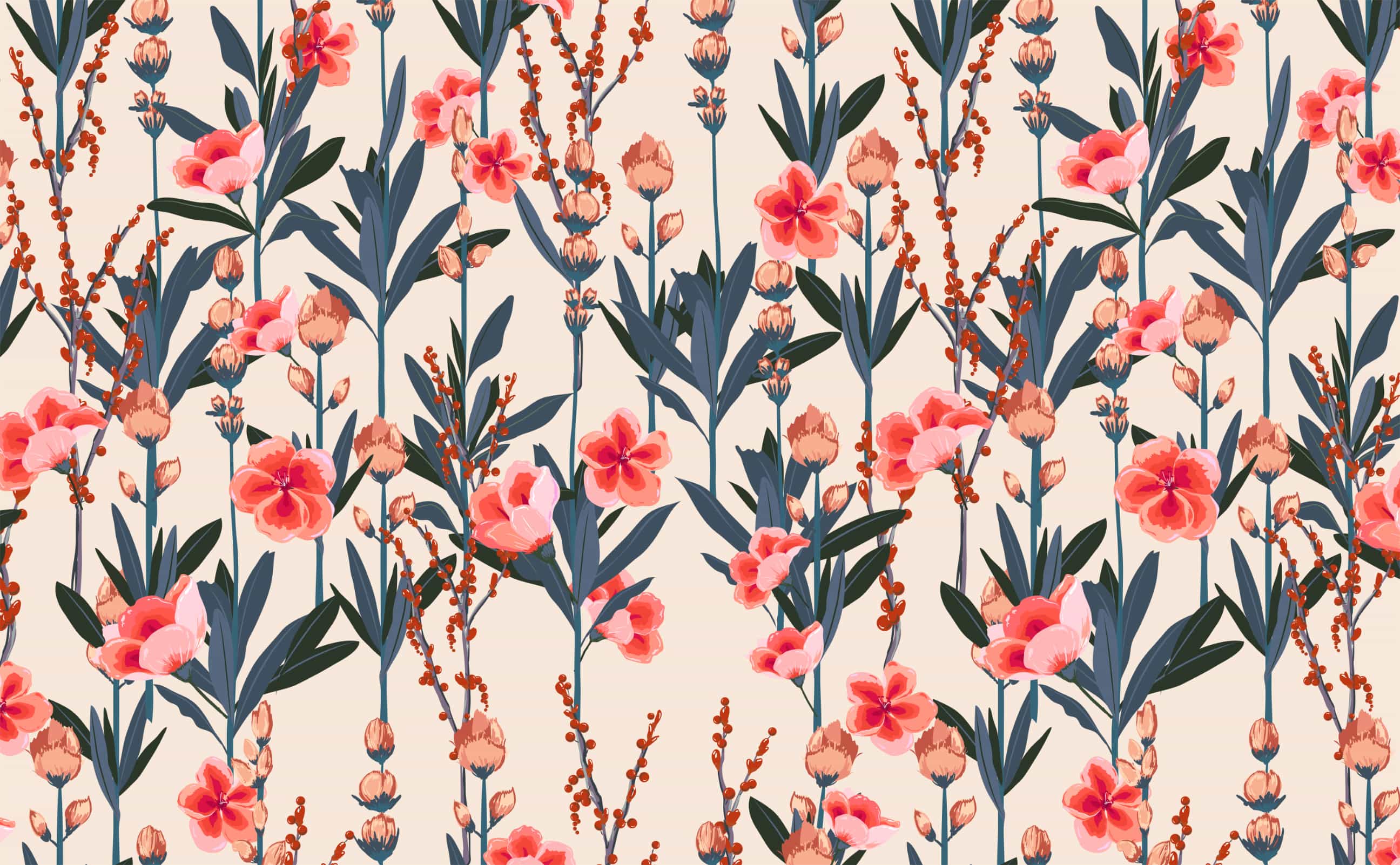 A pattern of pink flowers and green stems on a beige background - Hot pink