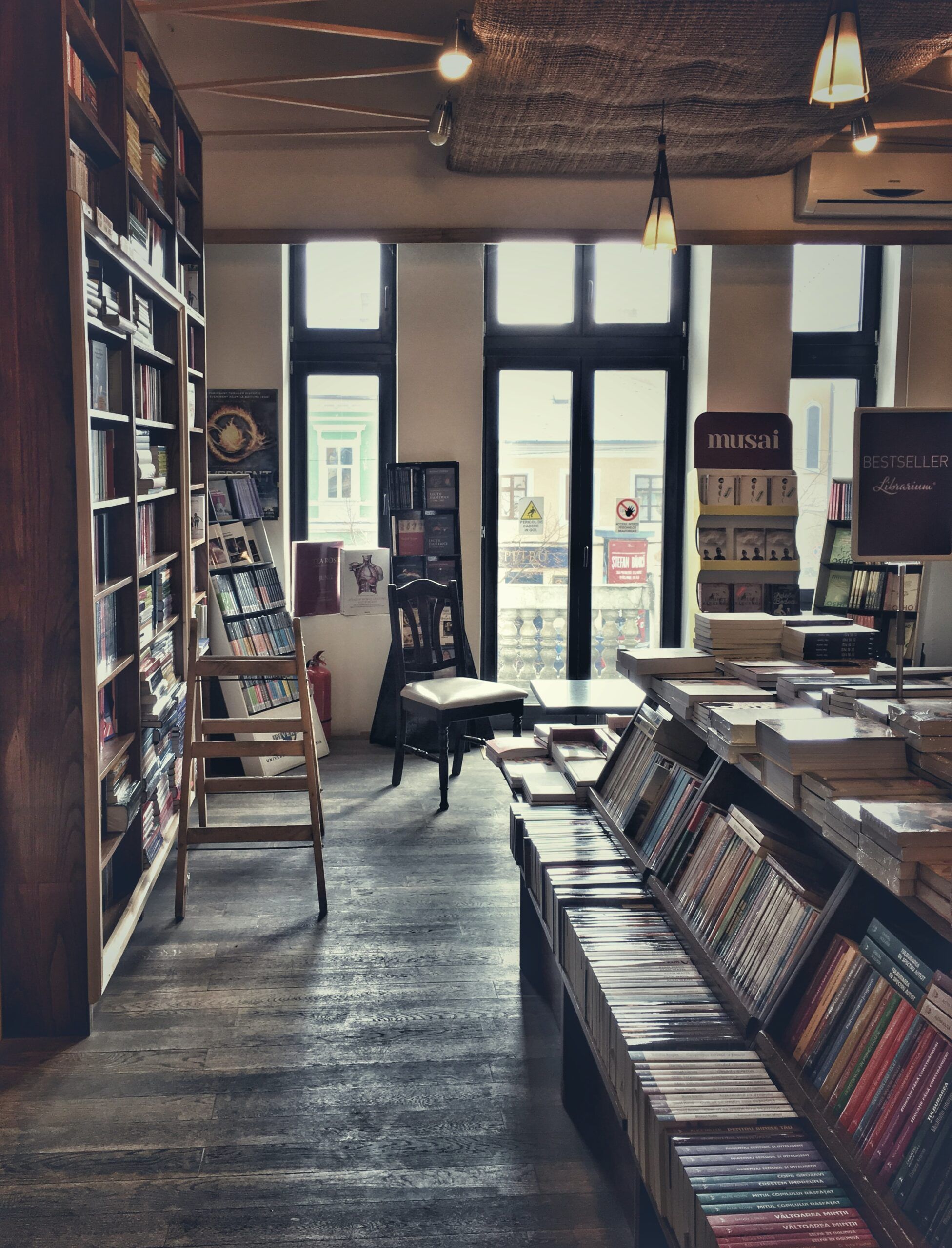 A book store with many books on the shelves. - Books