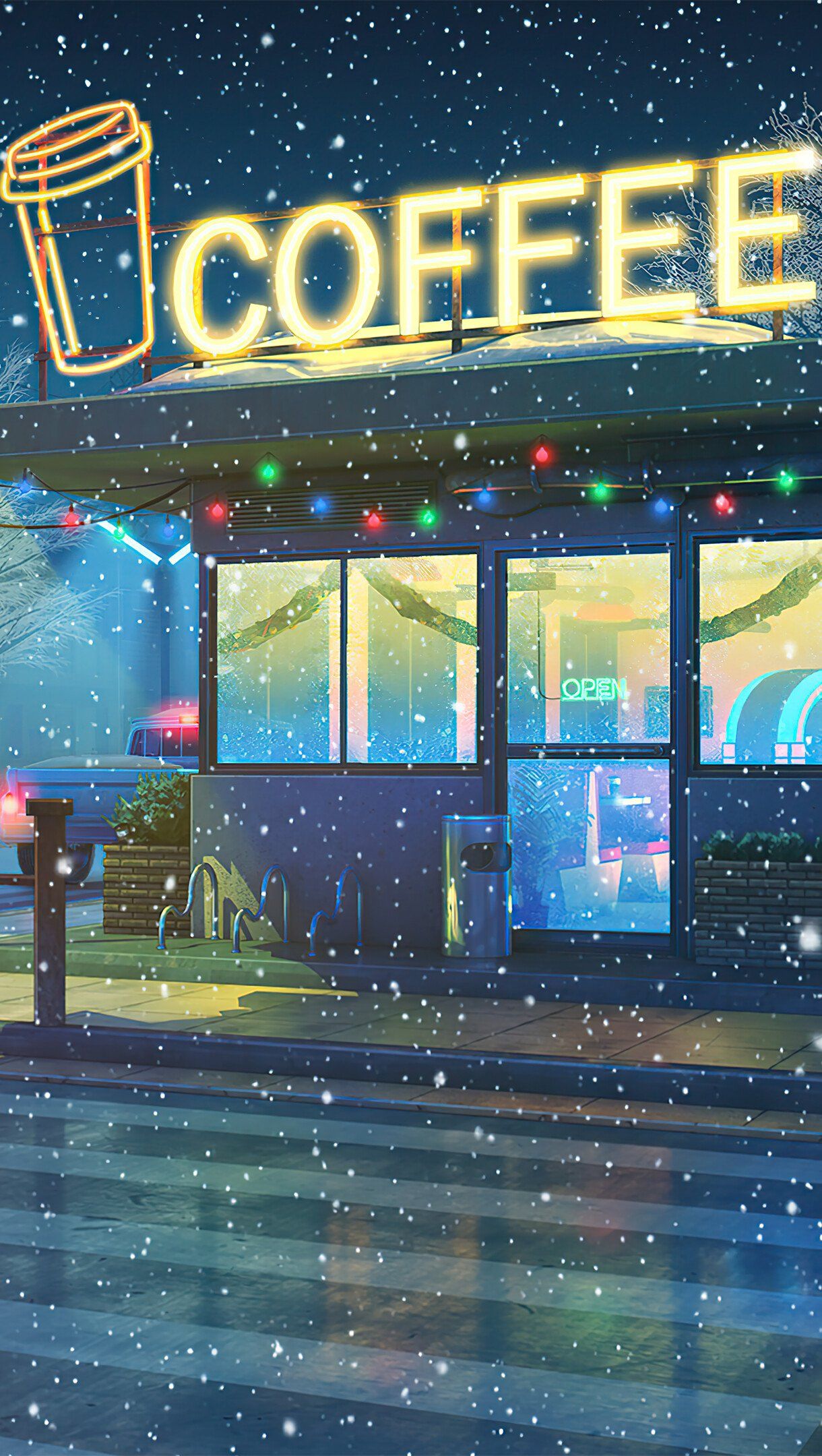 Coffee shop at winter during nightime Digital Art Wallpaper 4k Ultra HD