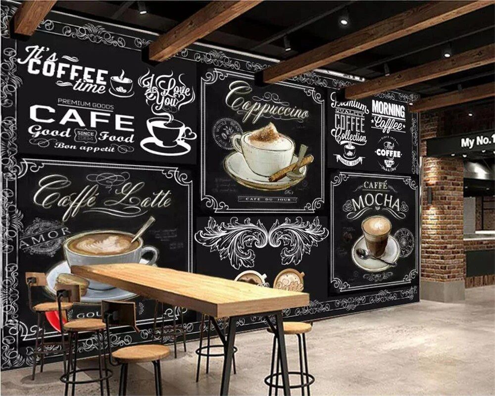 Beibehang Custom wallpaper European and American style retro hand painted blackboard coffee catering background 3D wallpaper. Wallpaper